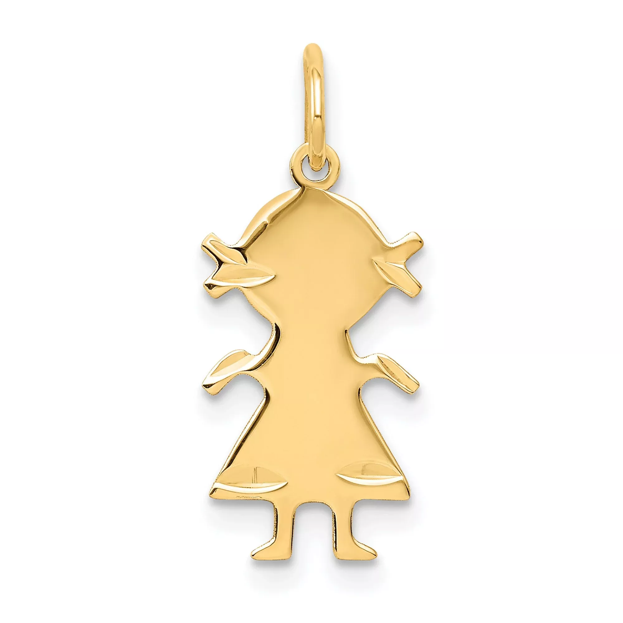 14k Yellow Gold Girl Pendant Charm with Pigtail Silhouette and Dress Design