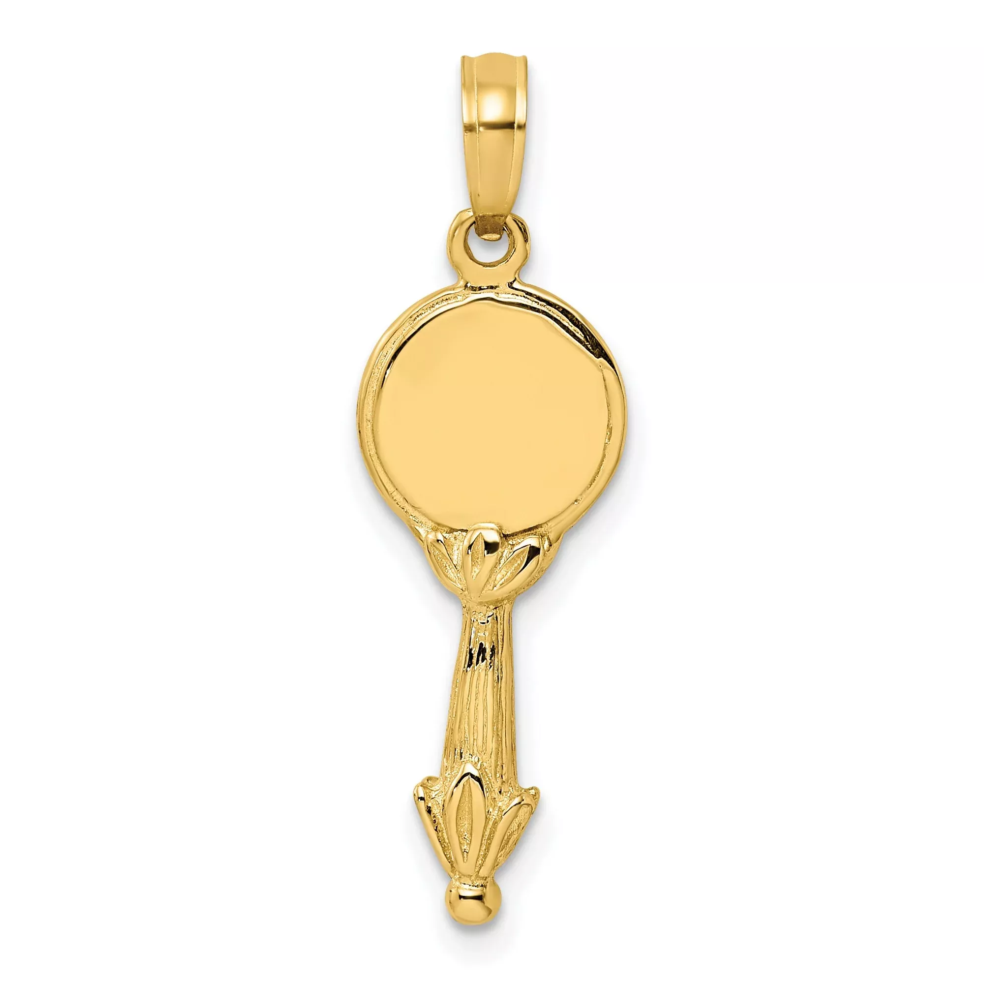 14k Yellow Gold Hand Mirror Pendant with Detailed Handle and Polished Round Face