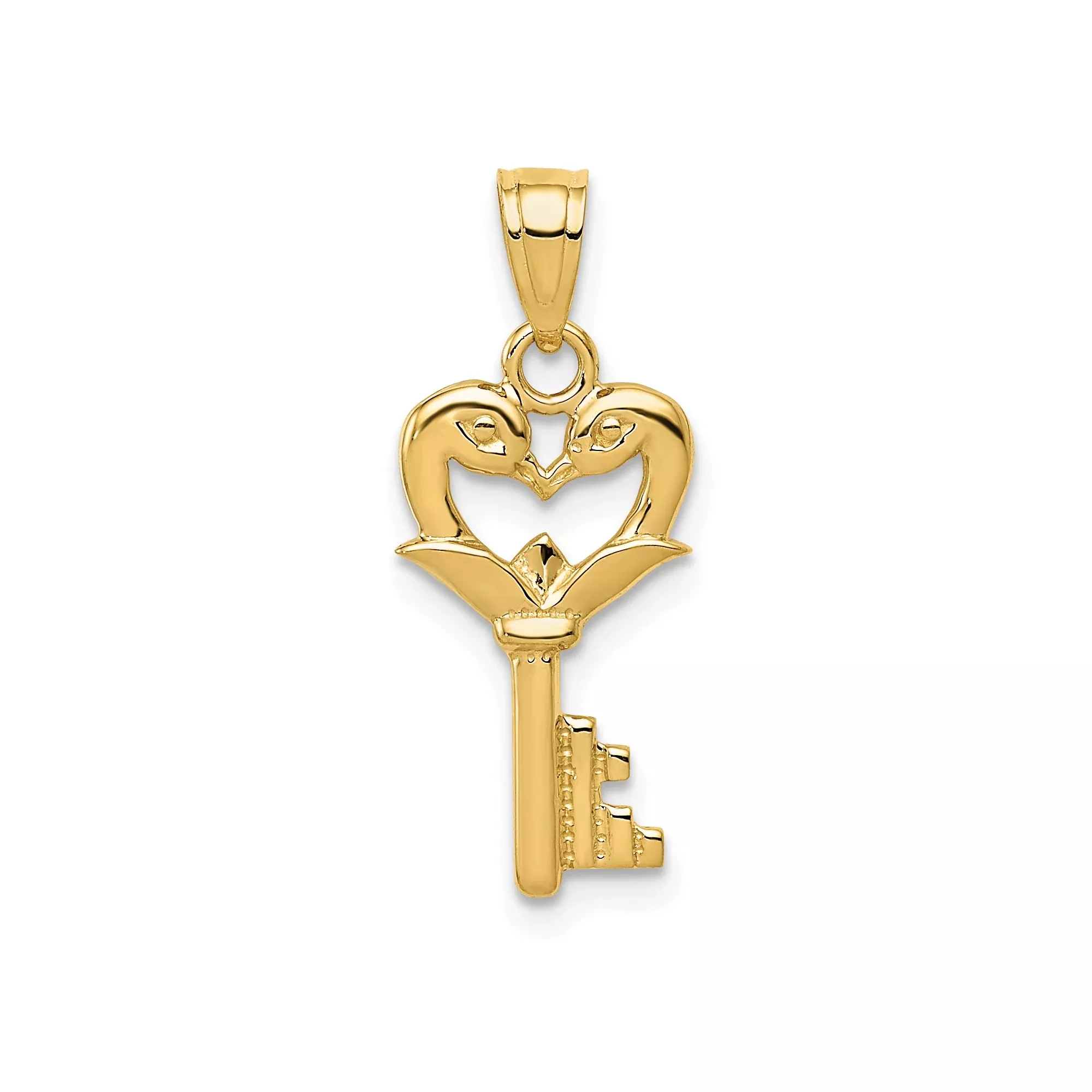 14k Yellow Gold Pendant, Swans Forming Heart Shape on Classic Key Design