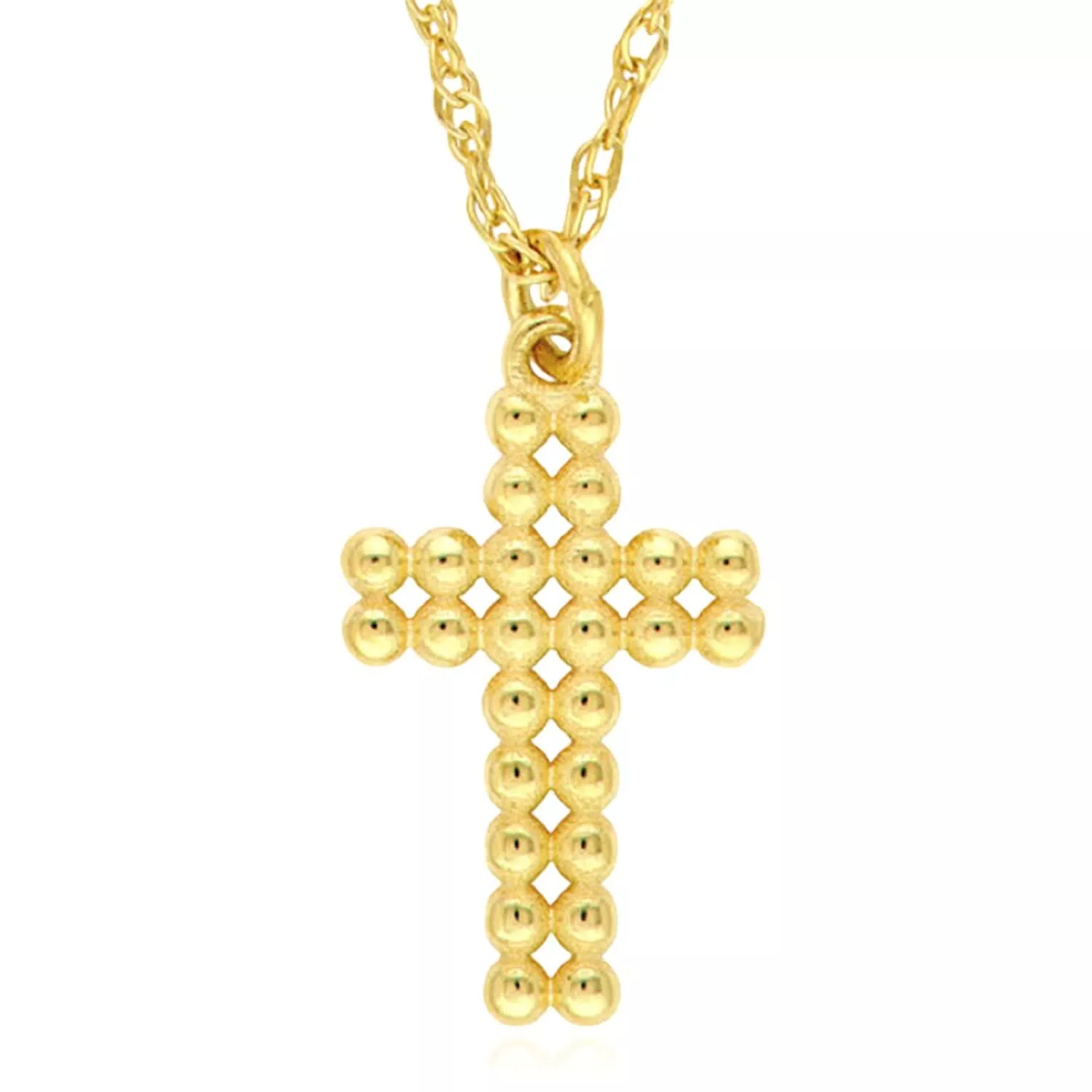 14K Yellow Gold Puffy Beaded Cross Necklace (Solid Links) 16"-18" Adjustable