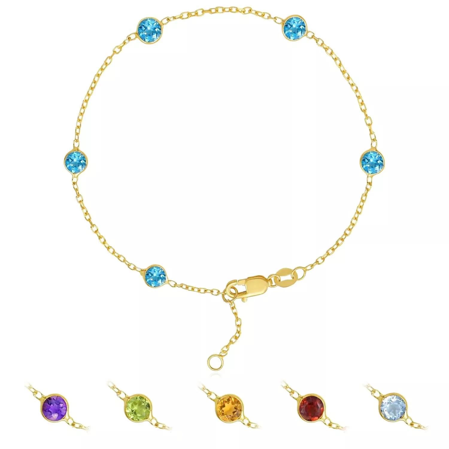 14K Yellow Gold Station Gemstone Adjustable Bracelet (Solid Links) 6.5"-7"