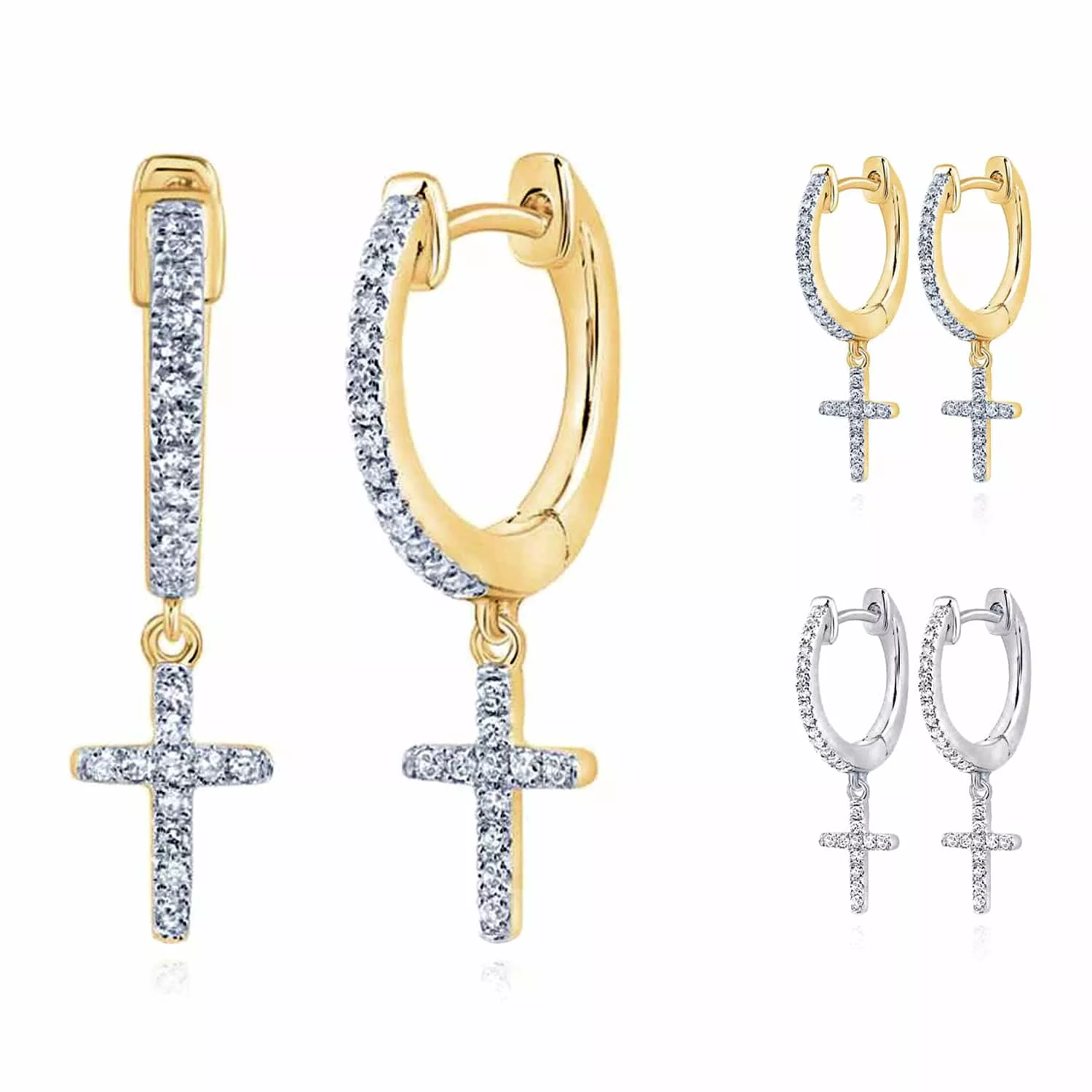 .16CTW Natural Diamond 10K Gold Yellow White Drop Cross Huggie Earrings