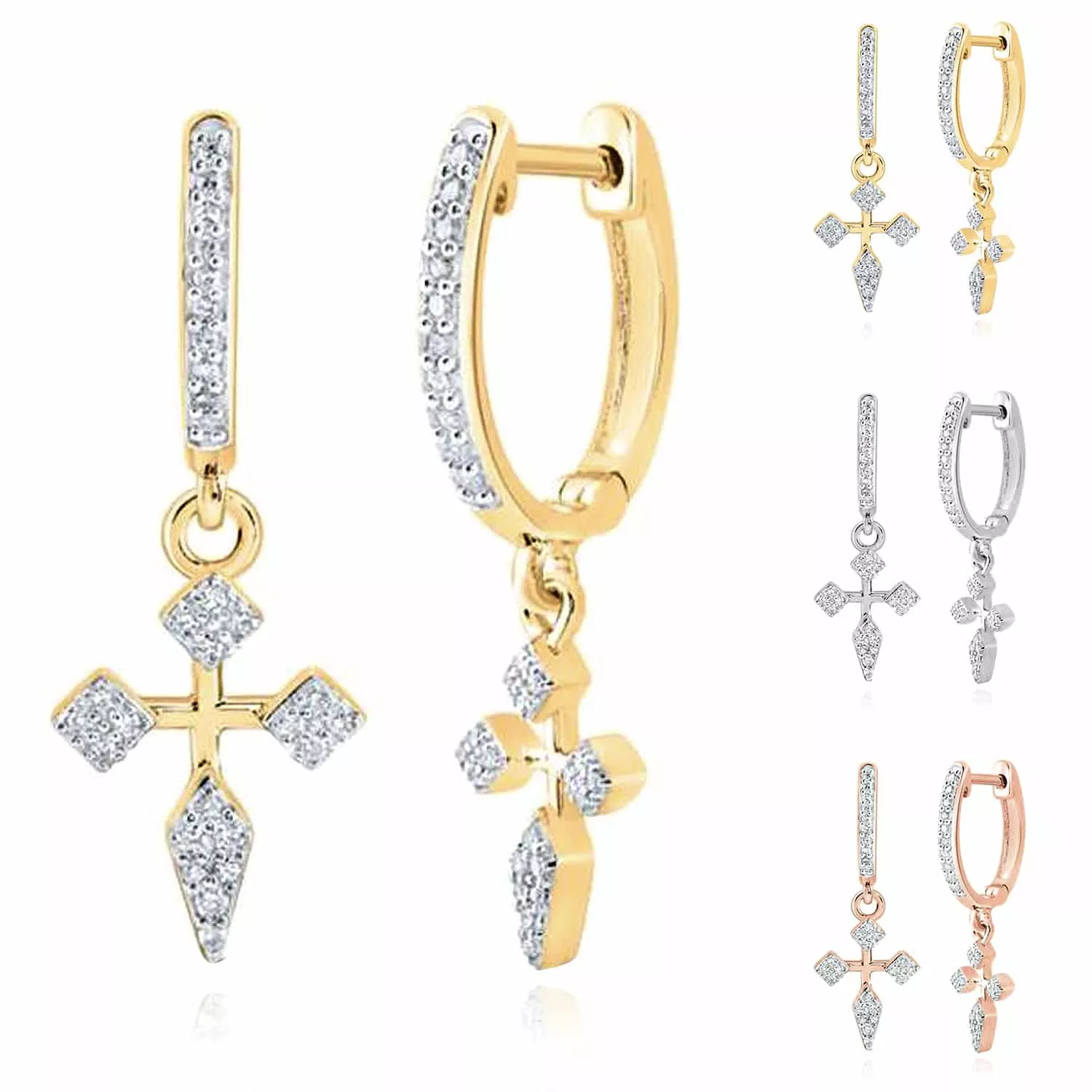 .17CTW Natural Diamond 10K Gold Yellow White Rose Cross Hoop Earrings