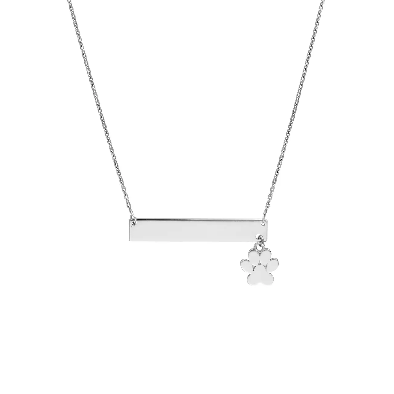 18-Inch Plated Sterling Silver Engravable Bar Necklace with Paw