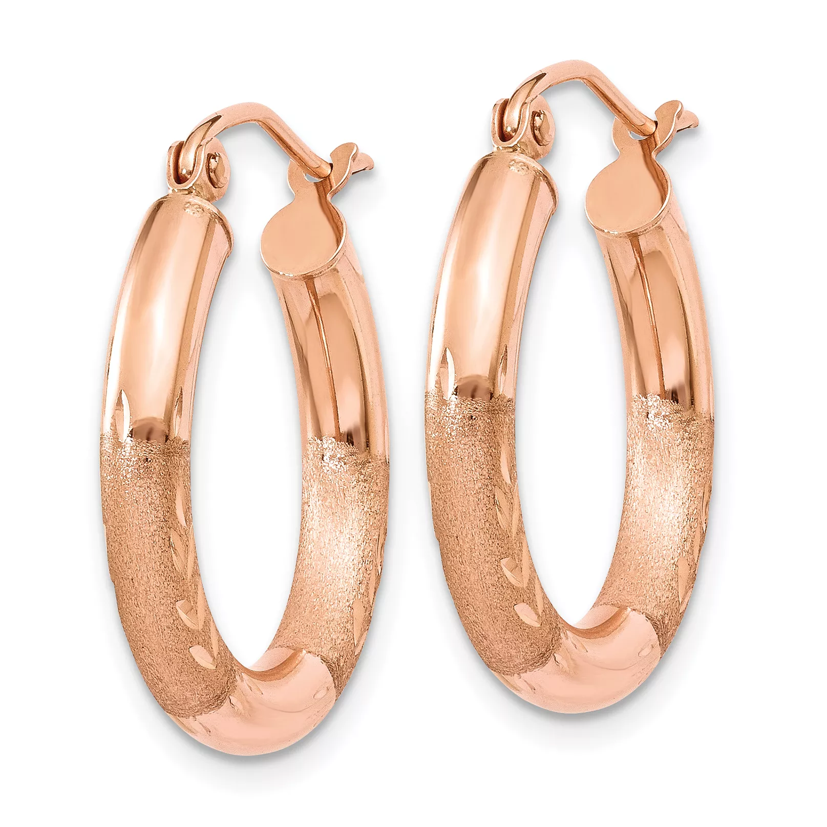 20 mm 14k Rose Gold Satin and Diamond-cut Hoop Earrings