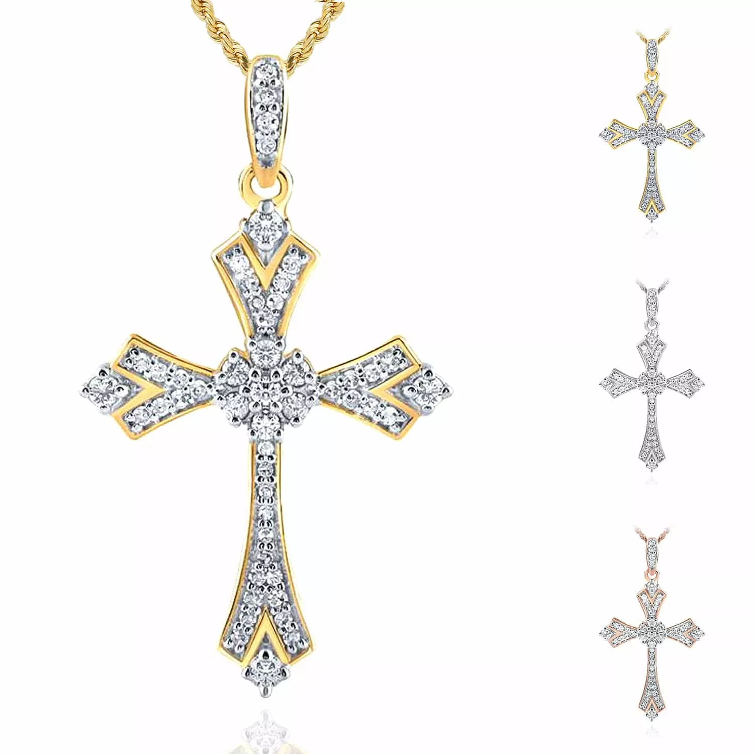 .22CTW Natural Diamond 10K Gold Yellow White Rose Cross Pendant 1.1"