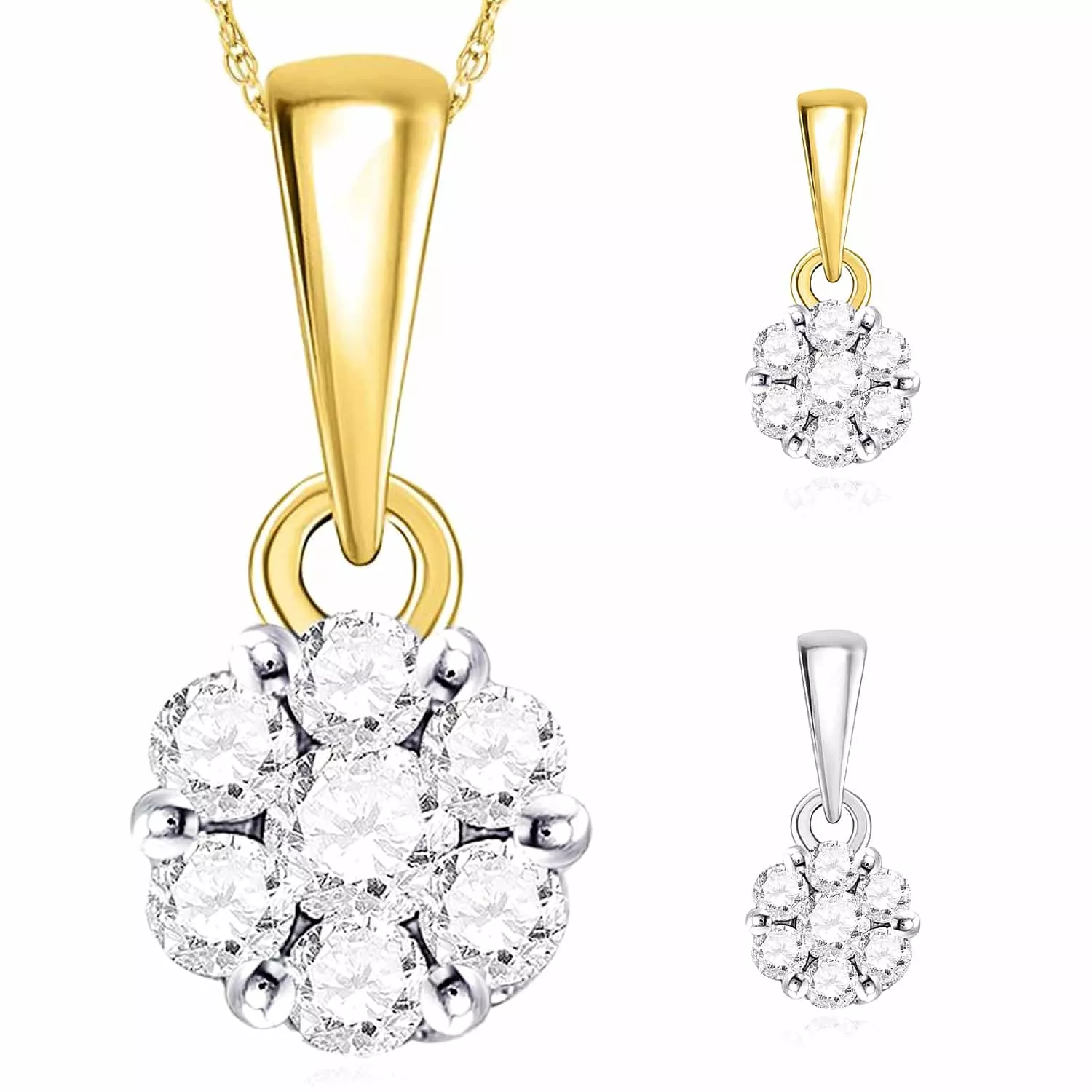 .25CTW Natural Diamond 14K Yellow Gold White Flower Cluster Pendant 0.5"