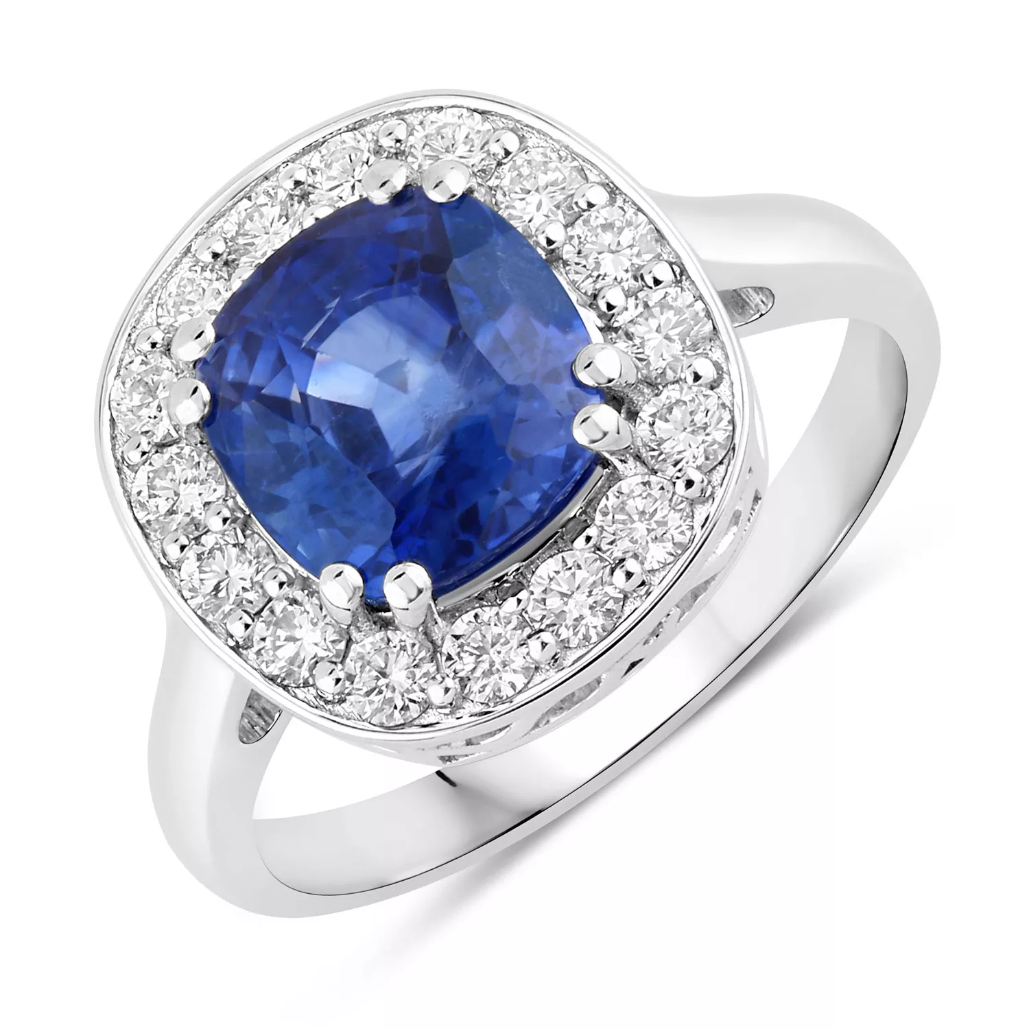 3.89 Carat Genuine Ceylon Blue Sapphire and White Diamond 18K White Gold Ring