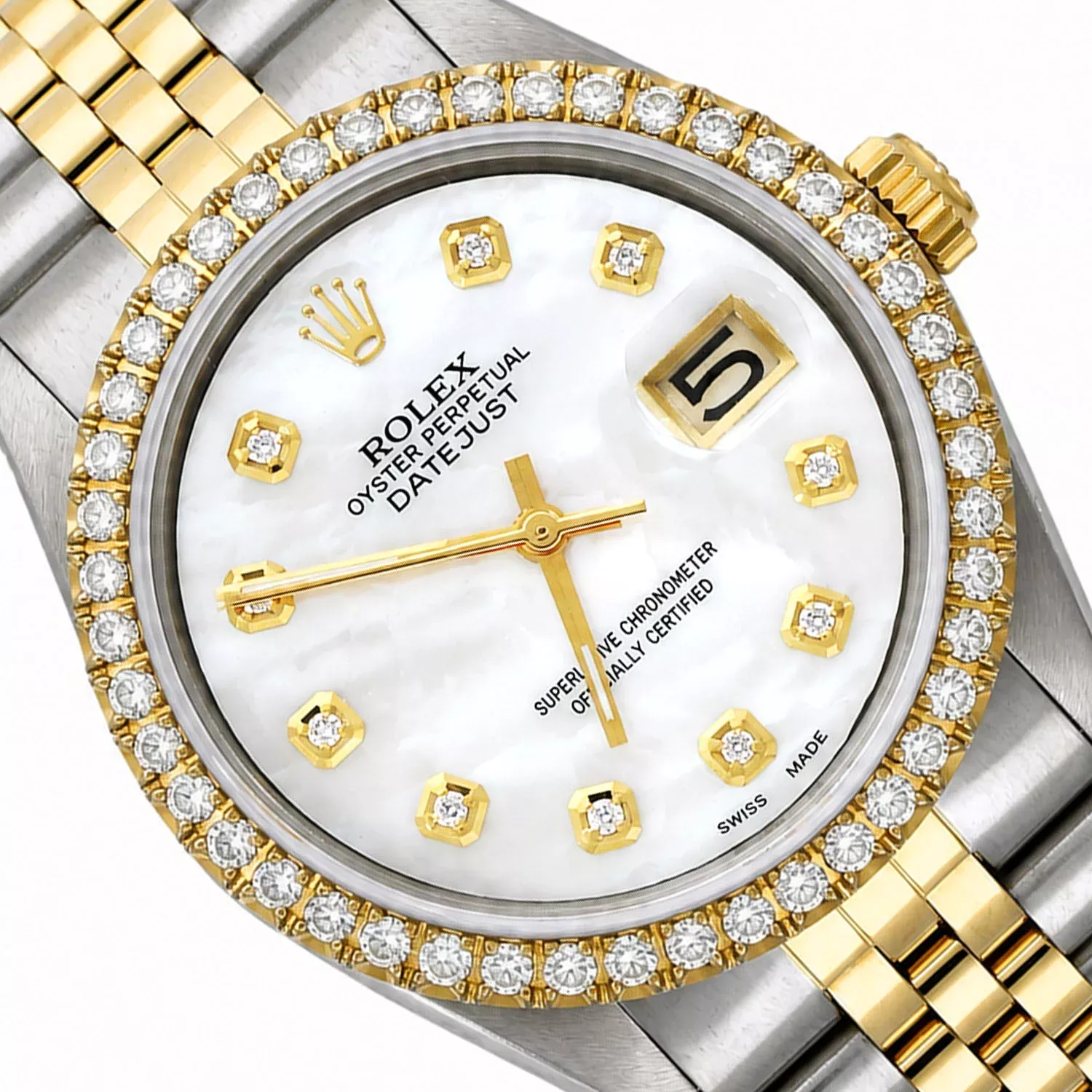 36mm Rolex Datejust 1601 Jubilee White MOP Dial 3.30Ct Diamond Bezel Watch
