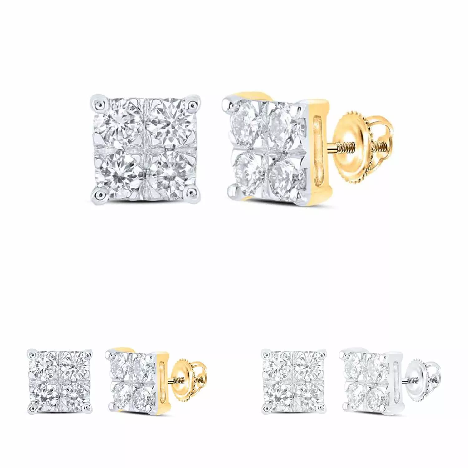 .60CTW Real Round 10K Gold Yellow White Diamond Square Earrings