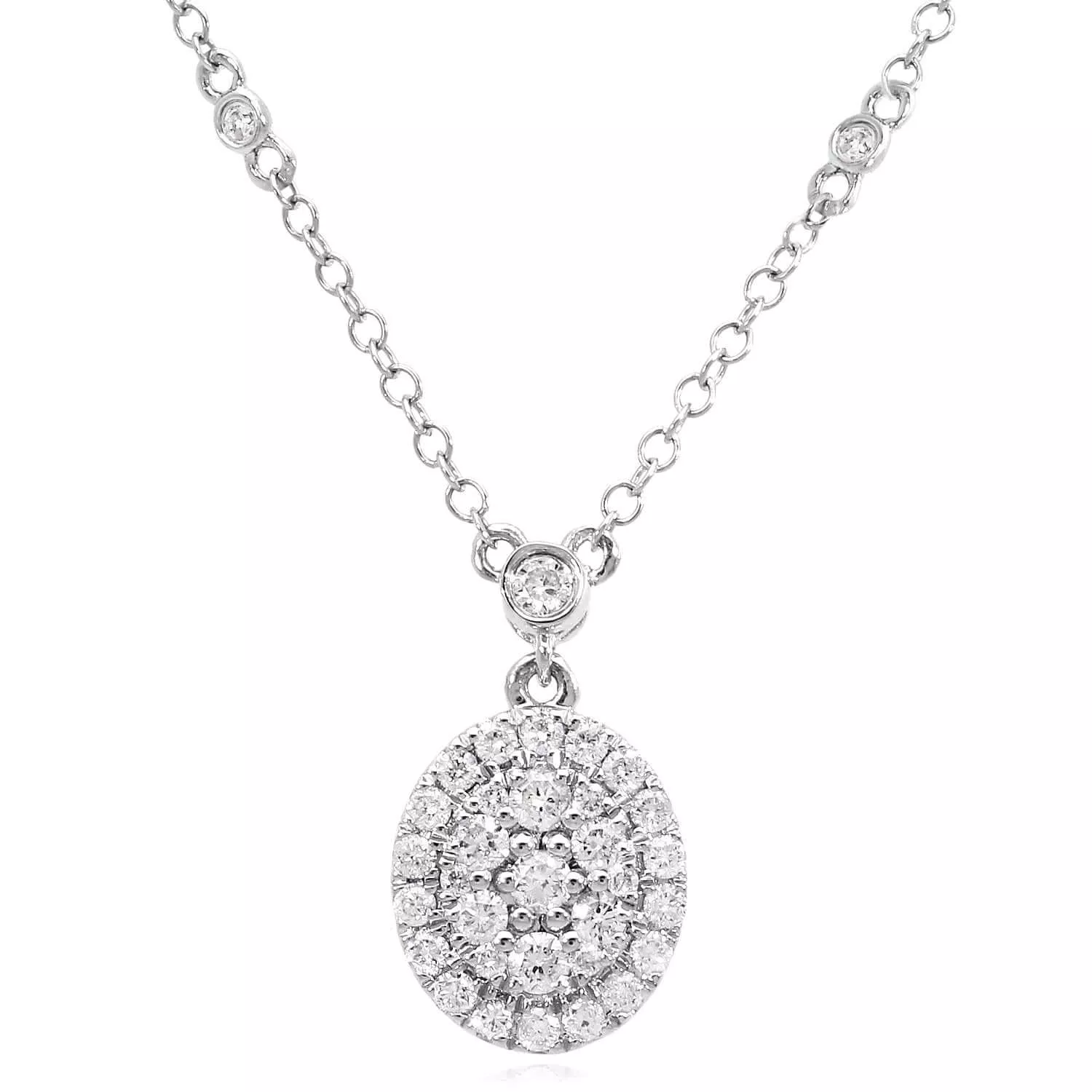 .64CTW Natural Diamond 14K White Gold Oval Necklace (Solid Links) 16"-18" Adjustable