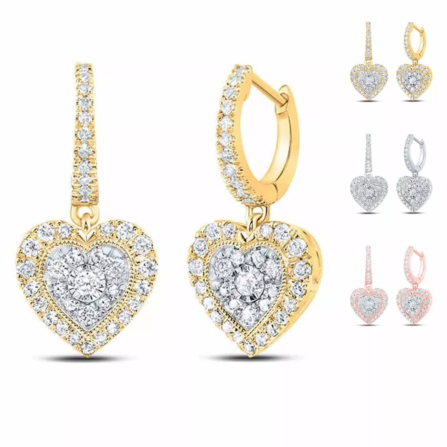 .65CTW Natural Diamond 10K Gold Yellow White Rose Drop Heart Earrings