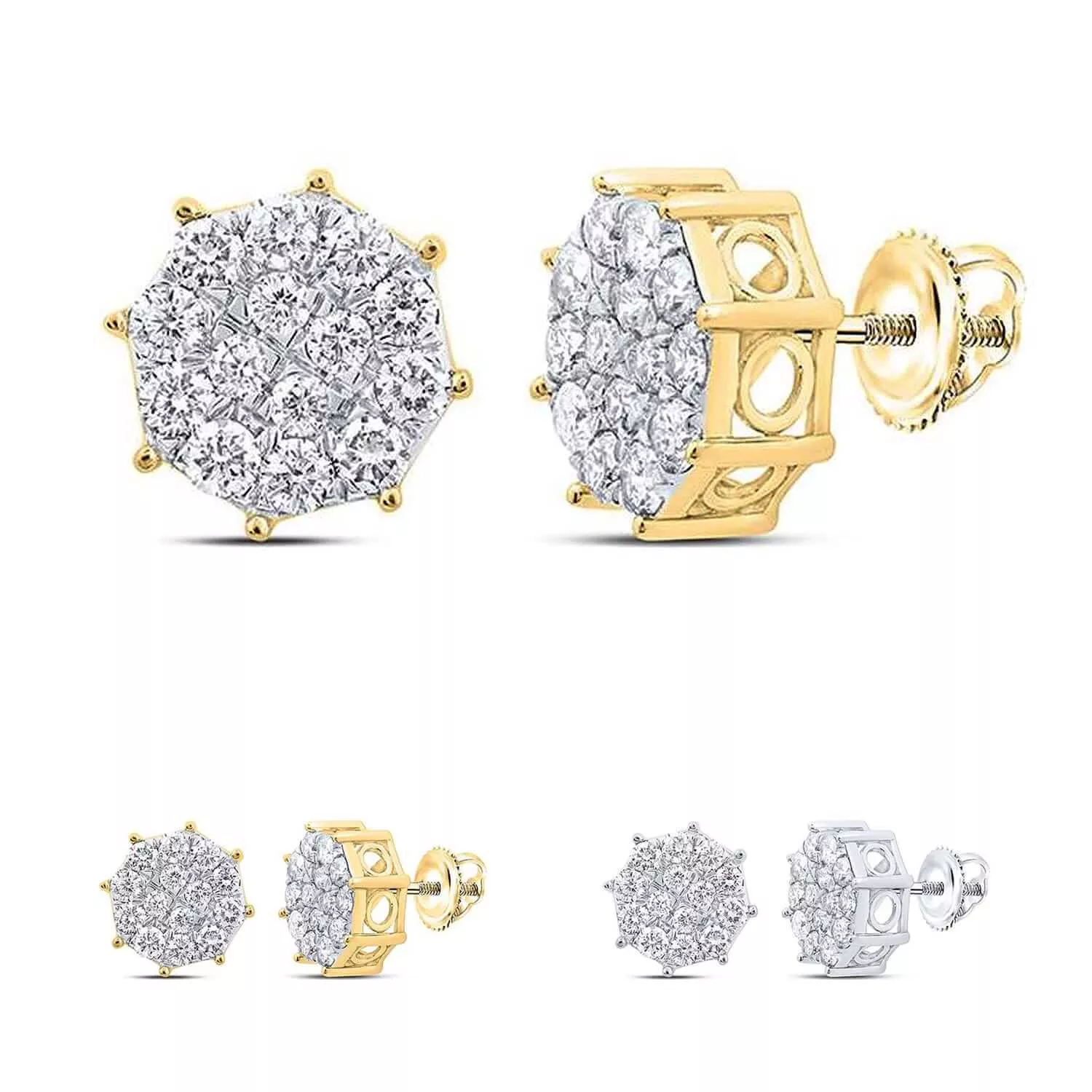 .85CTW Natural Diamond 10K Gold Yellow White Round Octagon Cluster Stud Earrings