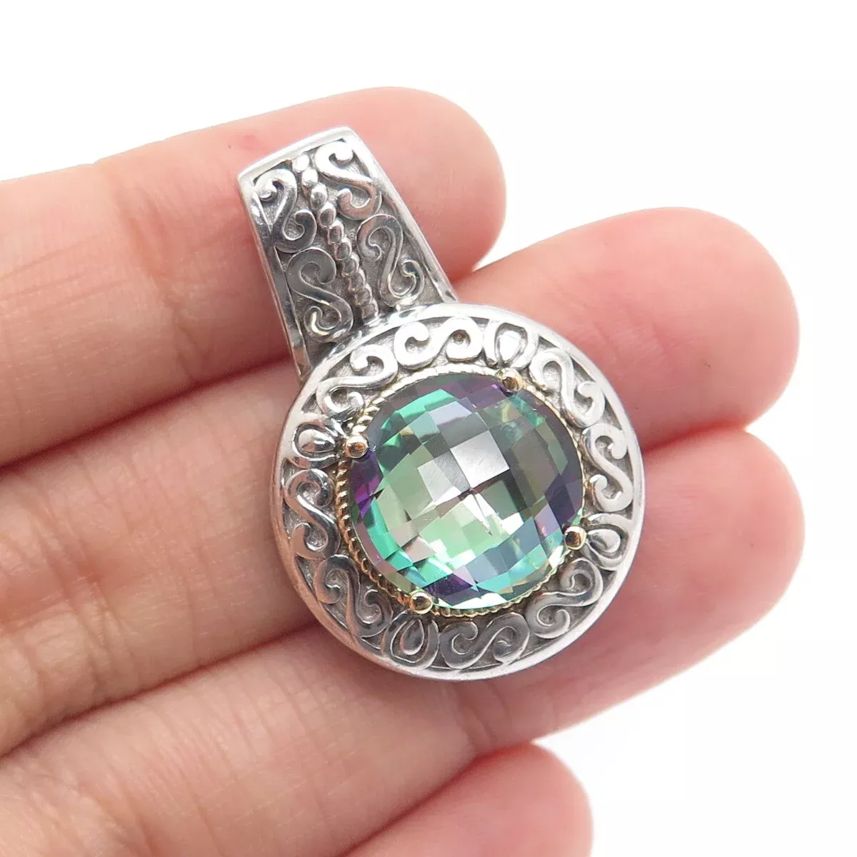 925 Sterling Silver & 14K Gold Real Round-Cut Mystic Topaz Ornate Pendant