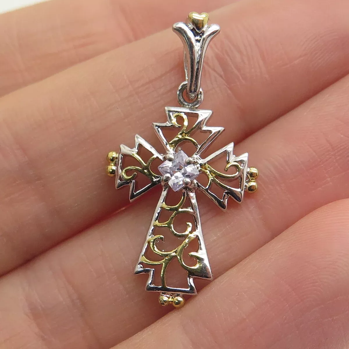 925 Sterling Silver 2-Tone Princess-Cut Lavender C Z Cross Minimalist Pendant