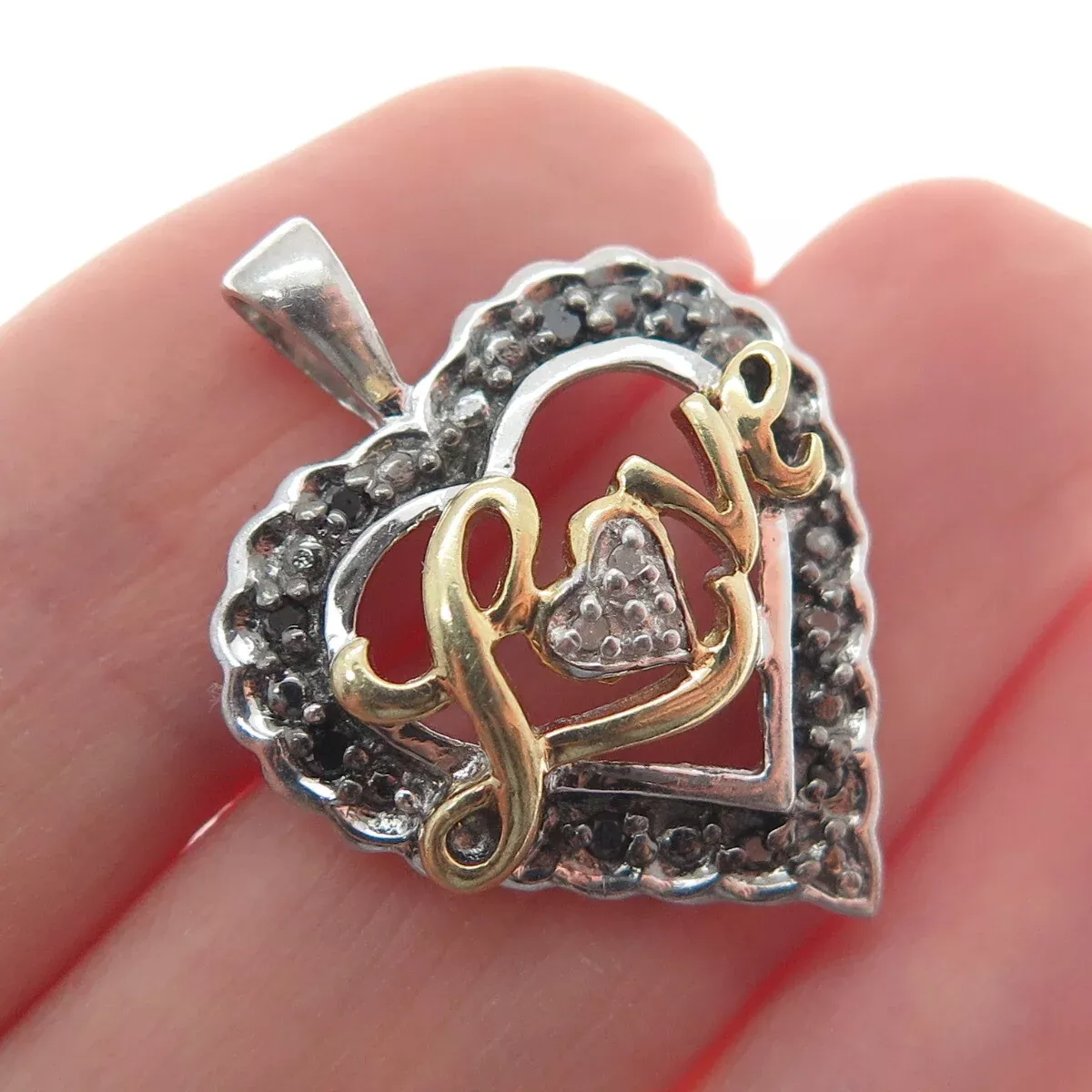 925 Sterling Silver 2-Tone Real Black & White Diamond
