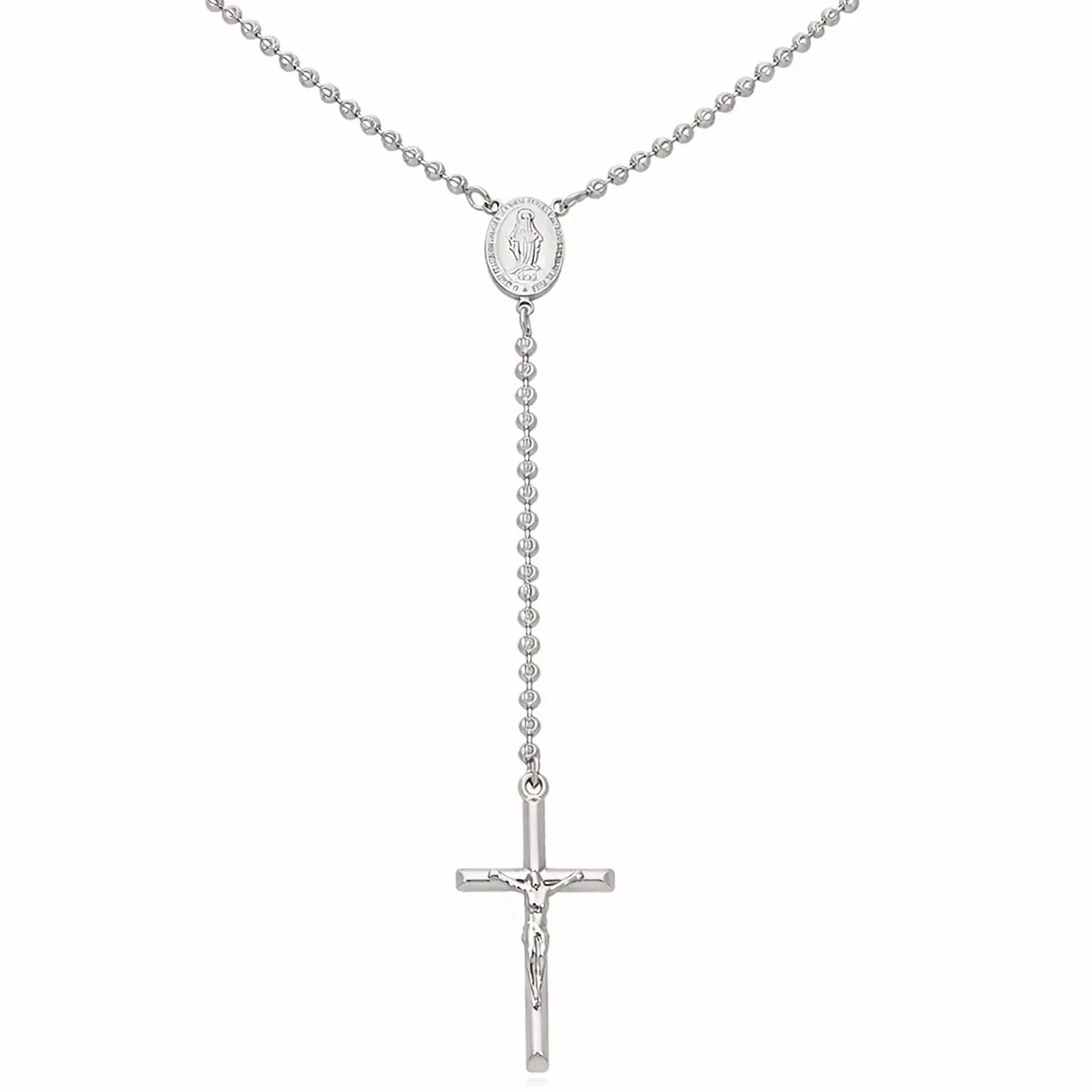 925 Sterling Silver 3mm Mooncut Rosary Cross Chain Necklace 26"