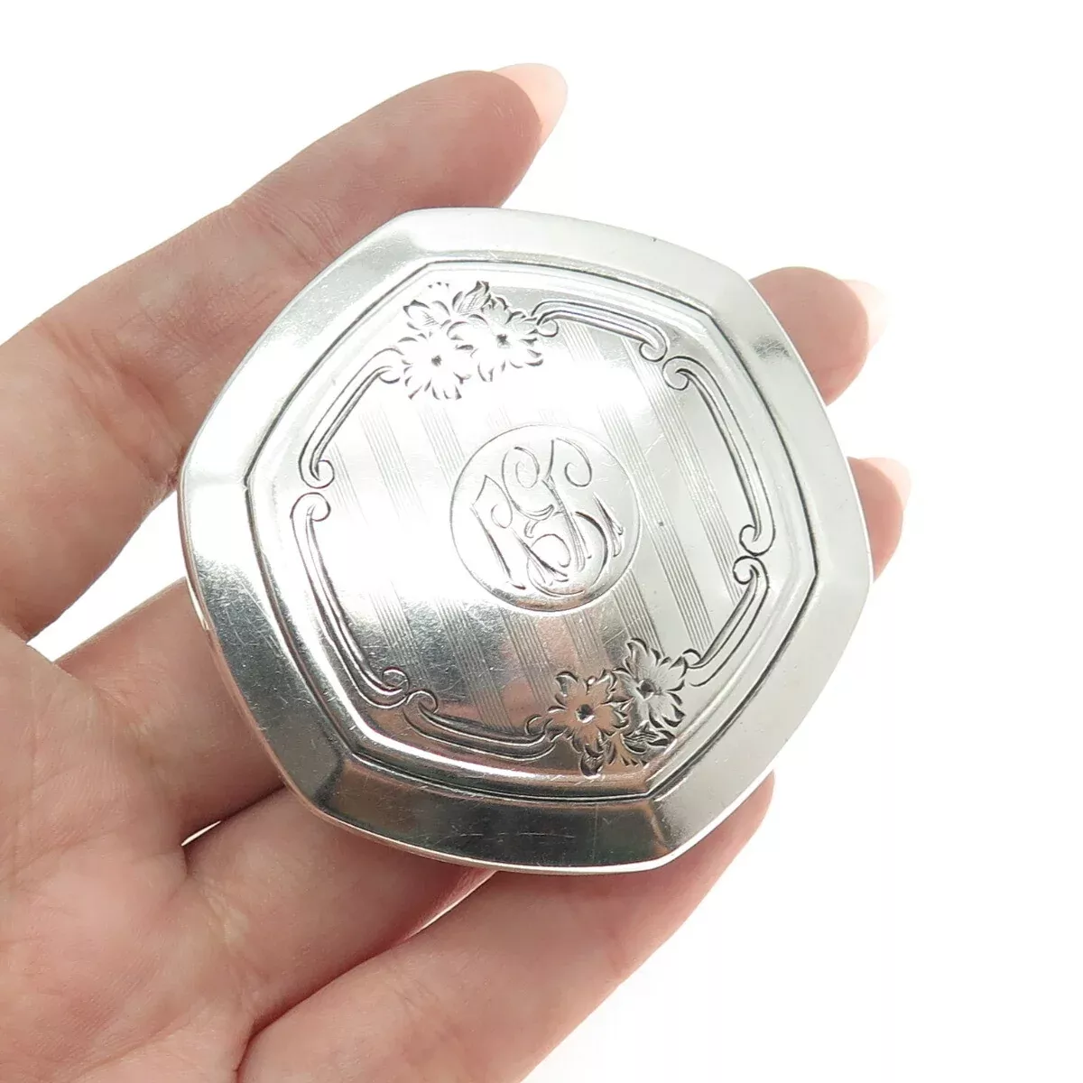 925 Sterling Silver Antique Art Deco Engraved Floral Flask/ Jar Cap