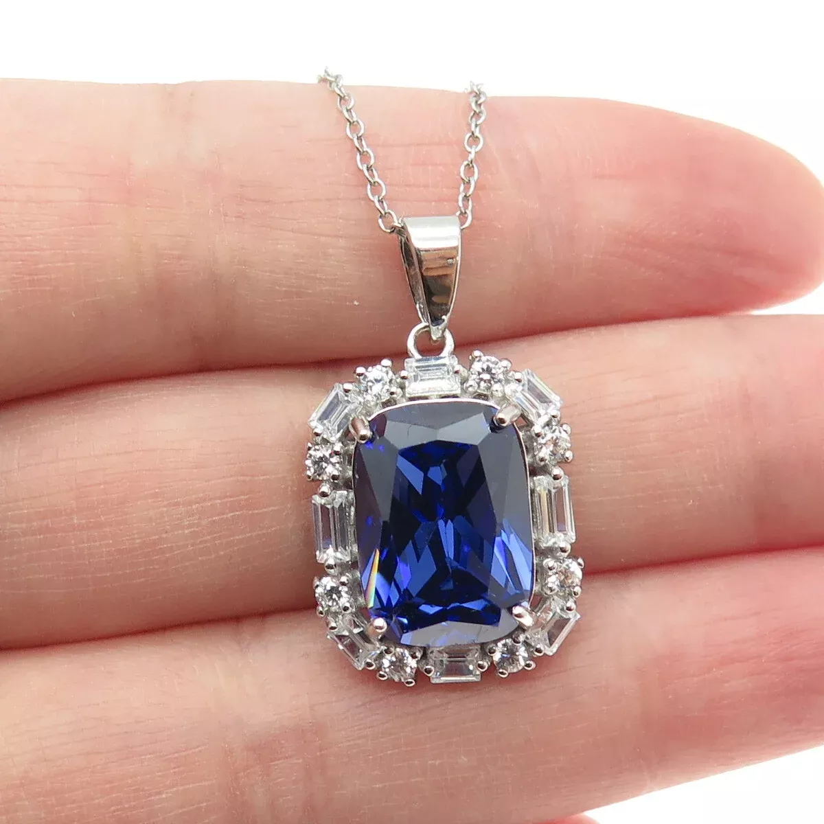 925 Sterling Silver Blue & White C Z Station Chain Necklace 18
