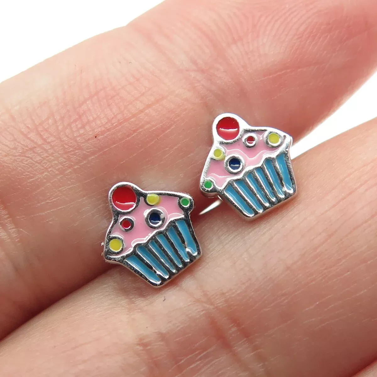 925 Sterling Silver Enamel Cupcake Stud Earrings