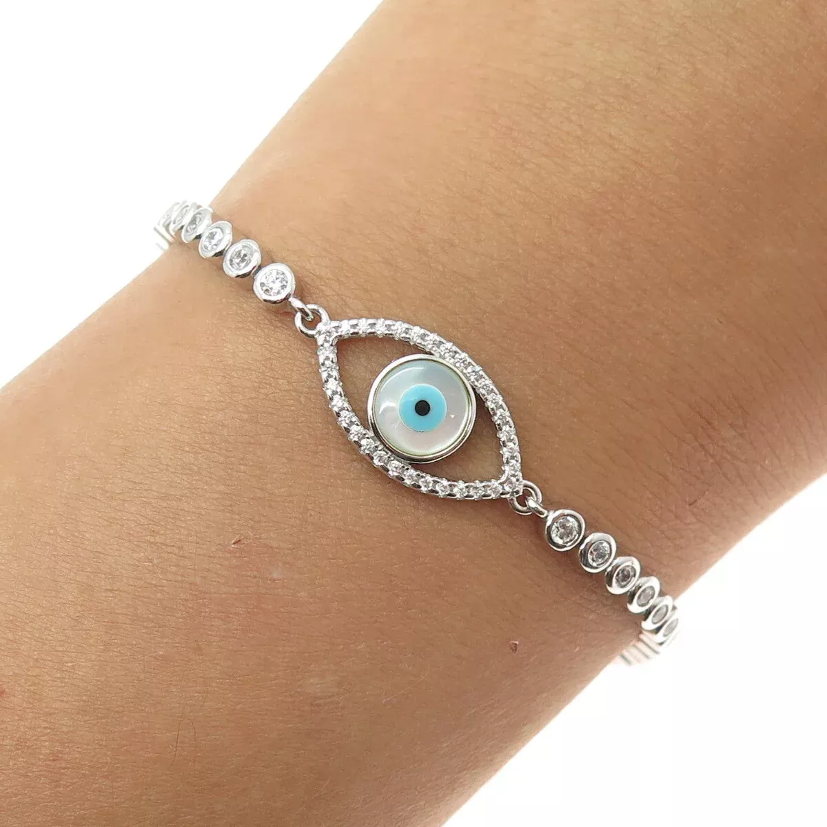 925 Sterling Silver Enamel MOP & C Z Evil's Eye Adjustable Bolo Bracelet 7-9.25