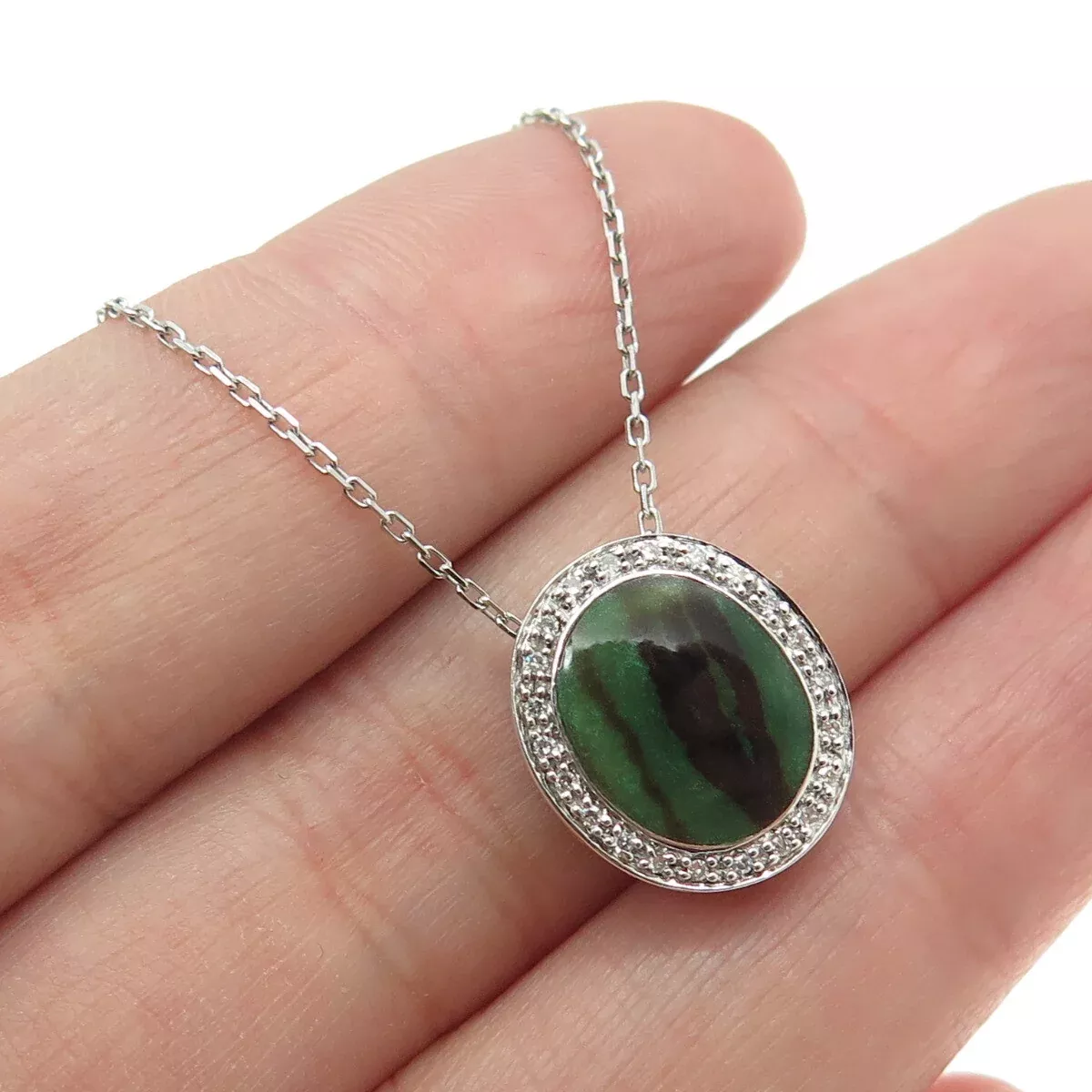 925 Sterling Silver Enamel Real Round-Cut Diamond Cable Chain Necklace 16
