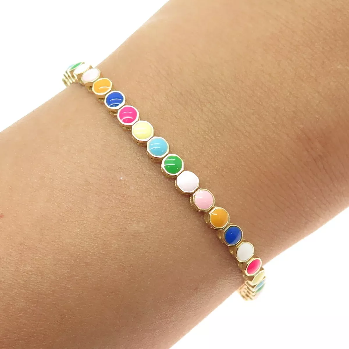 925 Sterling Silver Gold Plated Enamel Adjustable Bolo Anklet/ Bracelet 9