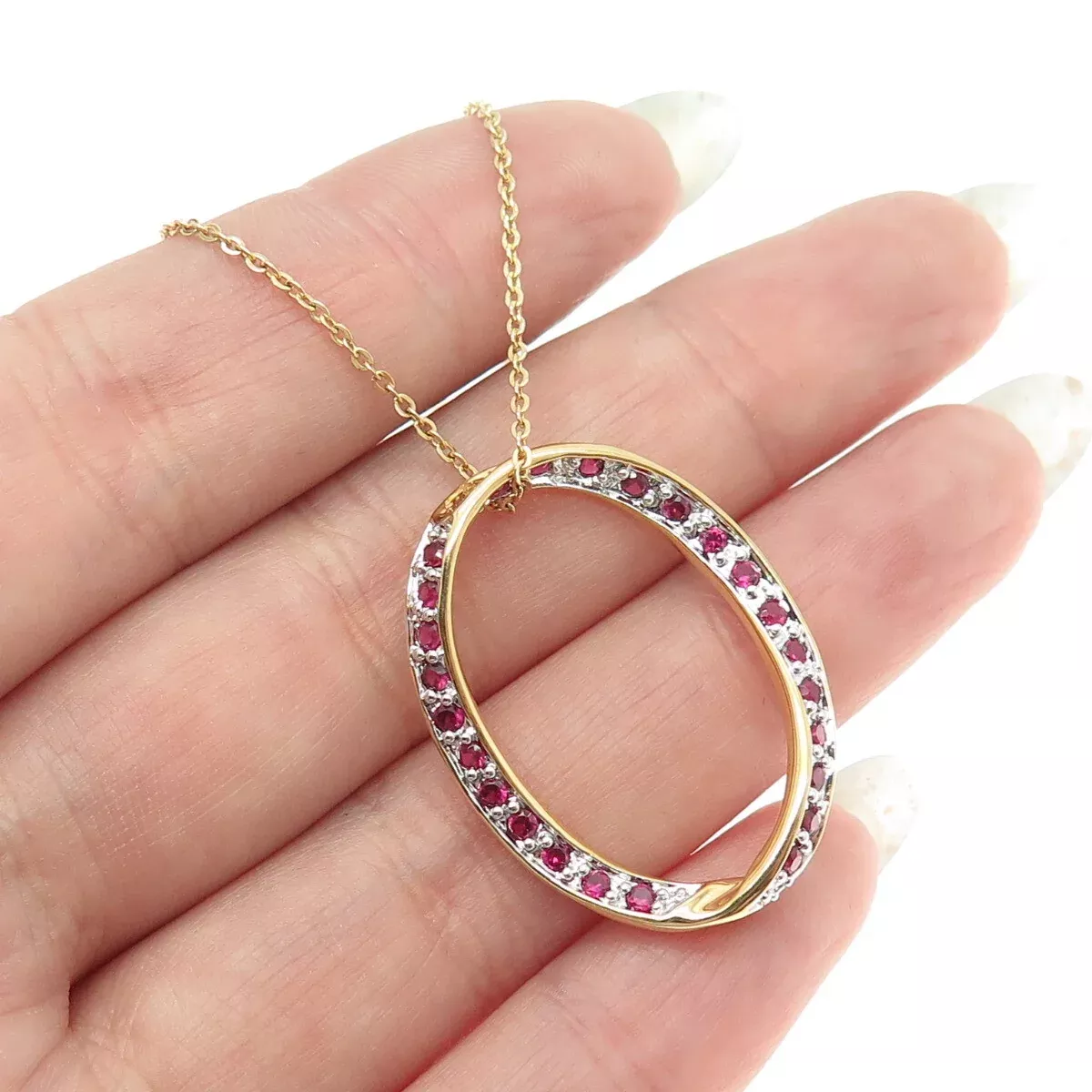 925 Sterling Silver Gold Plated Lab-Created Ruby Twisted Circle Necklace 18