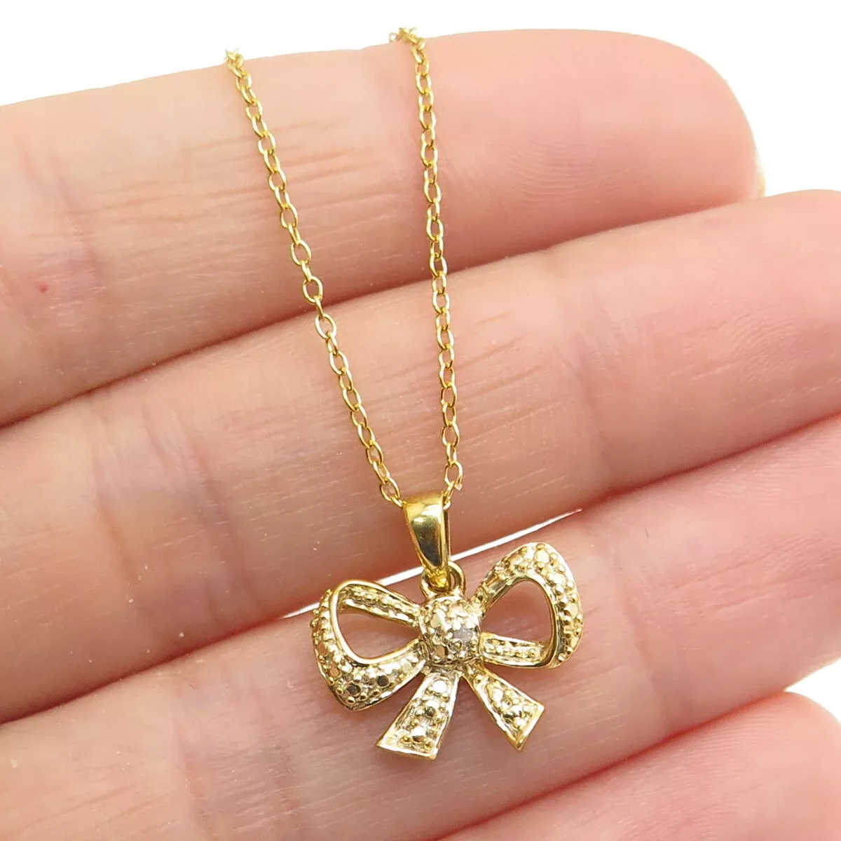 925 Sterling Silver Gold Plated Real Diamond Accent Bow Cable Chain Necklace 18