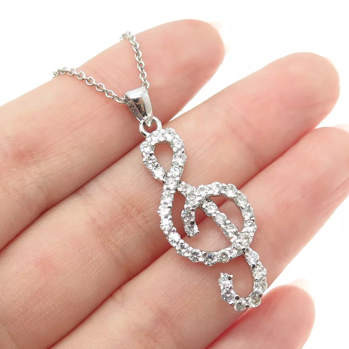 925 Sterling Silver Italy Round-Cut C Z Treble Clef Cable Chain Necklace 16