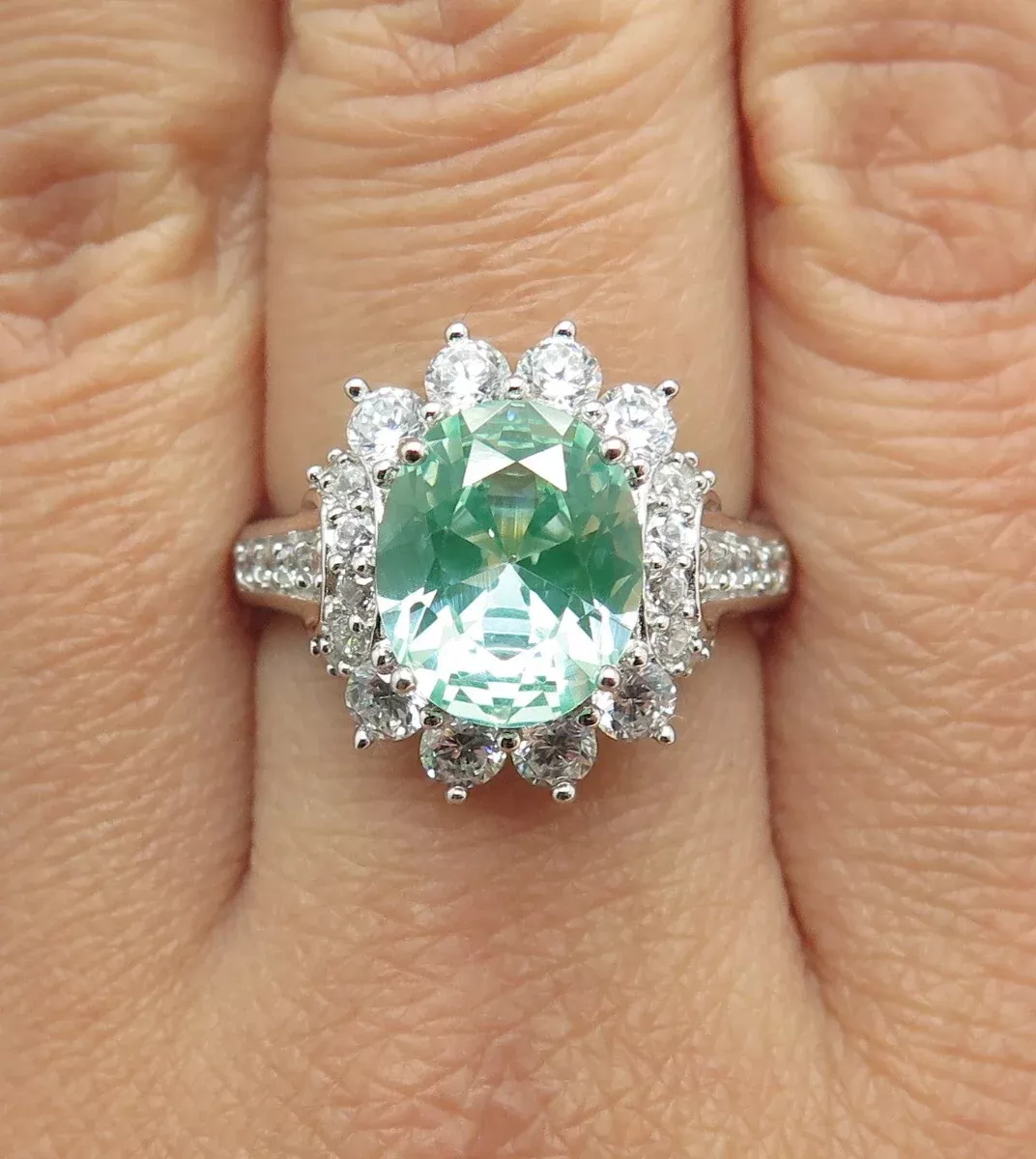 925 Sterling Silver Lab-Created Green Sapphire & C Z Ring Size 8