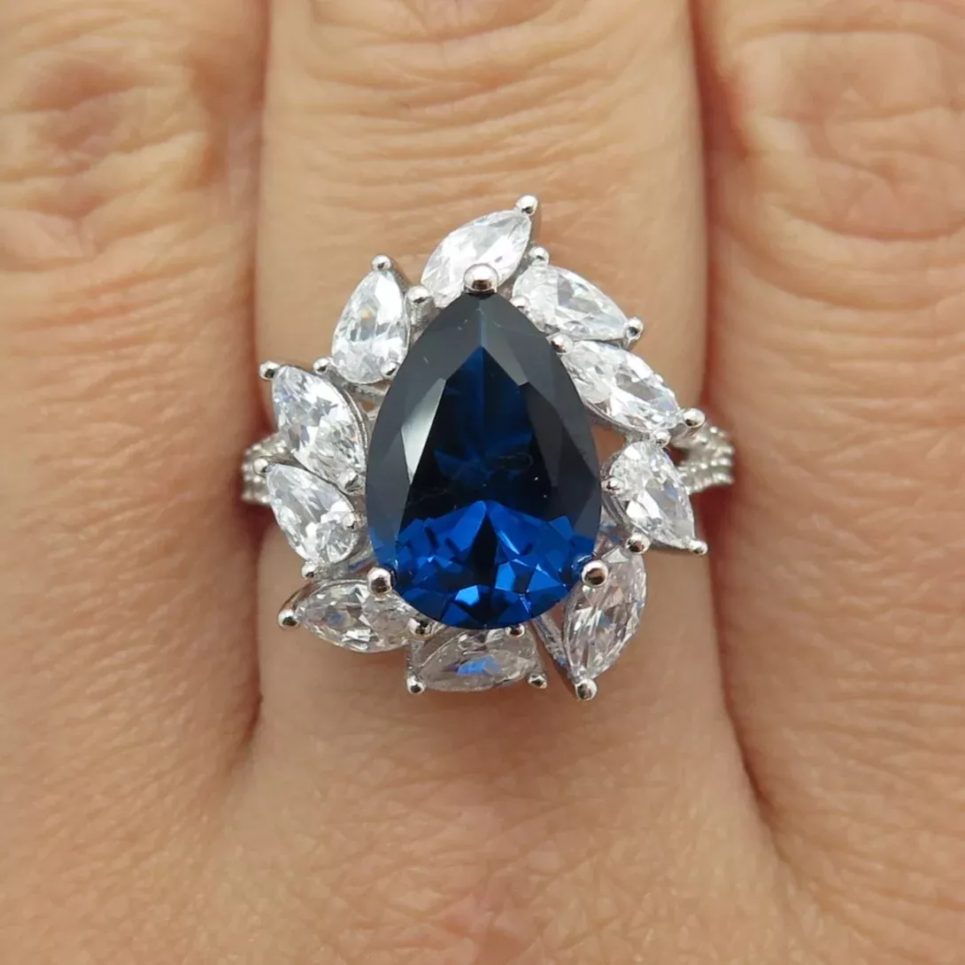 925 Sterling Silver Lab-Created Sapphire & C Z Teardrop Ring Size 8