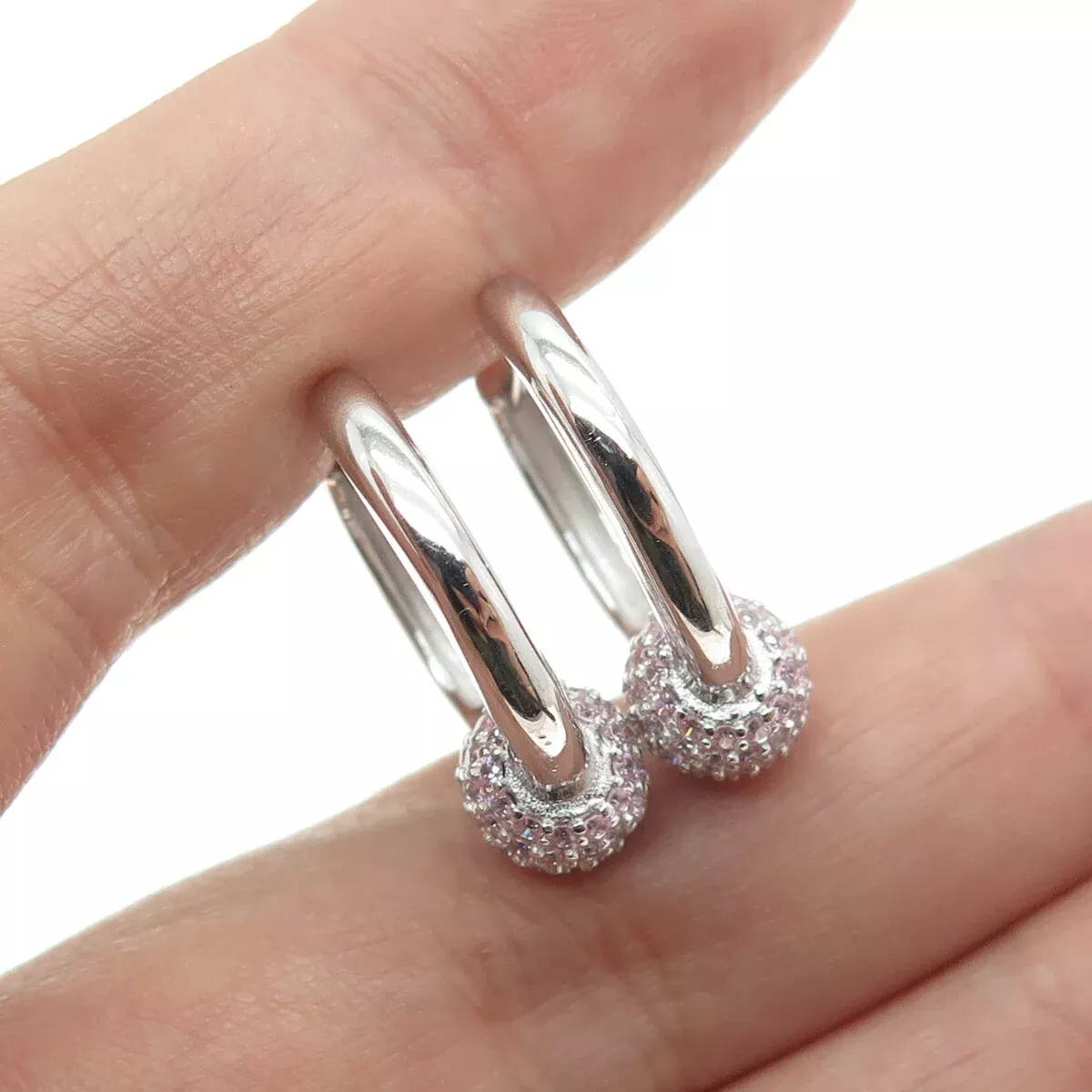 925 Sterling Silver Pink C Z Huggie Earrings