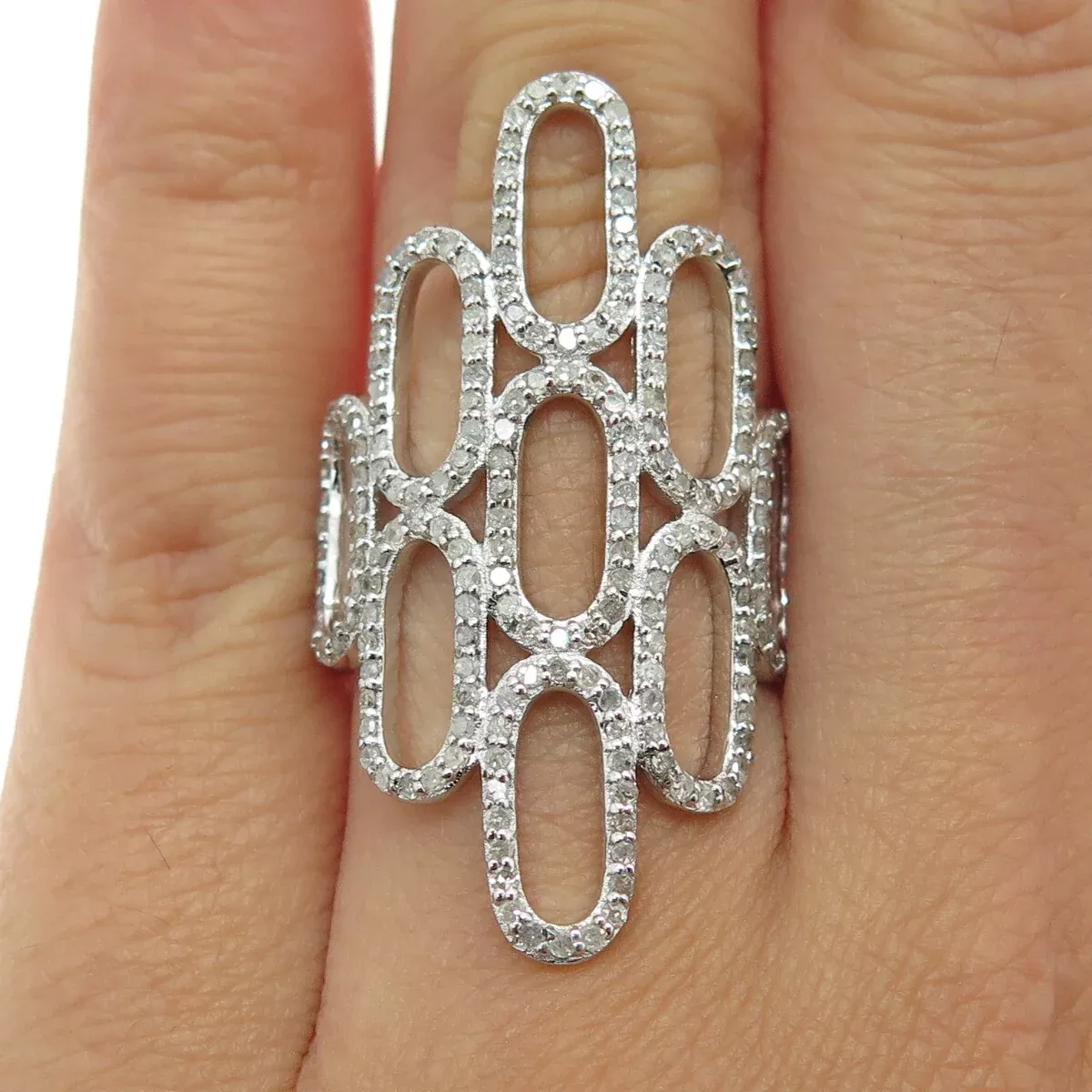 925 Sterling Silver Real Round-Cut Diamond Oval Link Ring Size 7