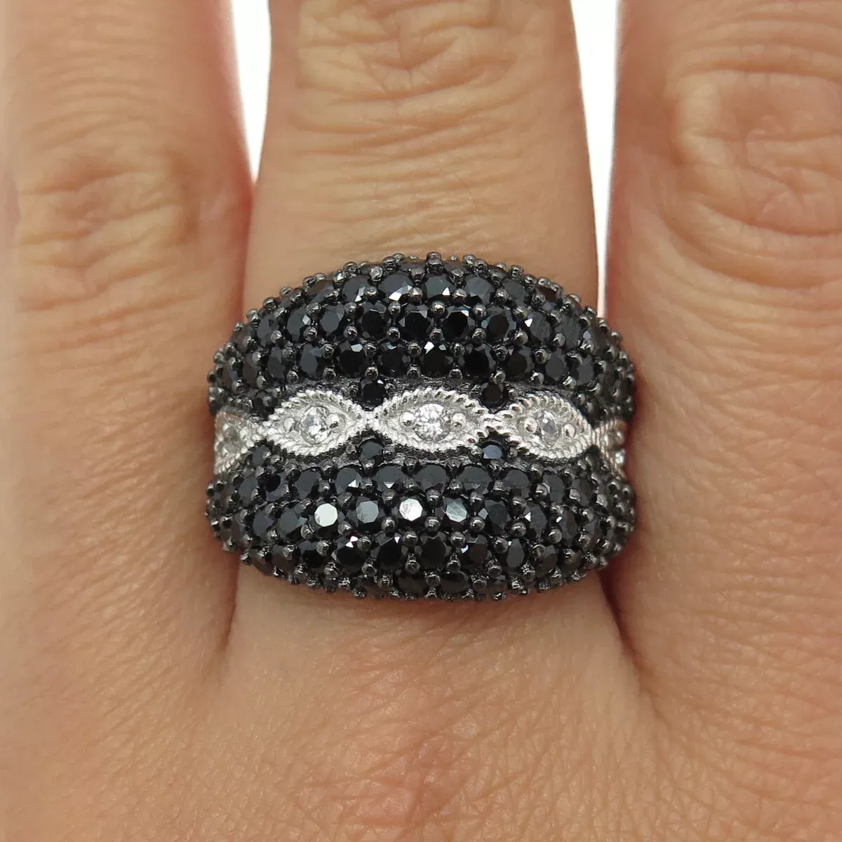 925 Sterling Silver Real Round-Cut White Topaz Black Spinel Marquise Ring Size 8