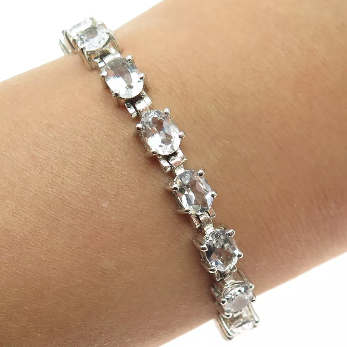925 Sterling Silver Real White Topaz Gemstone Tennis Link Bracelet 7.5