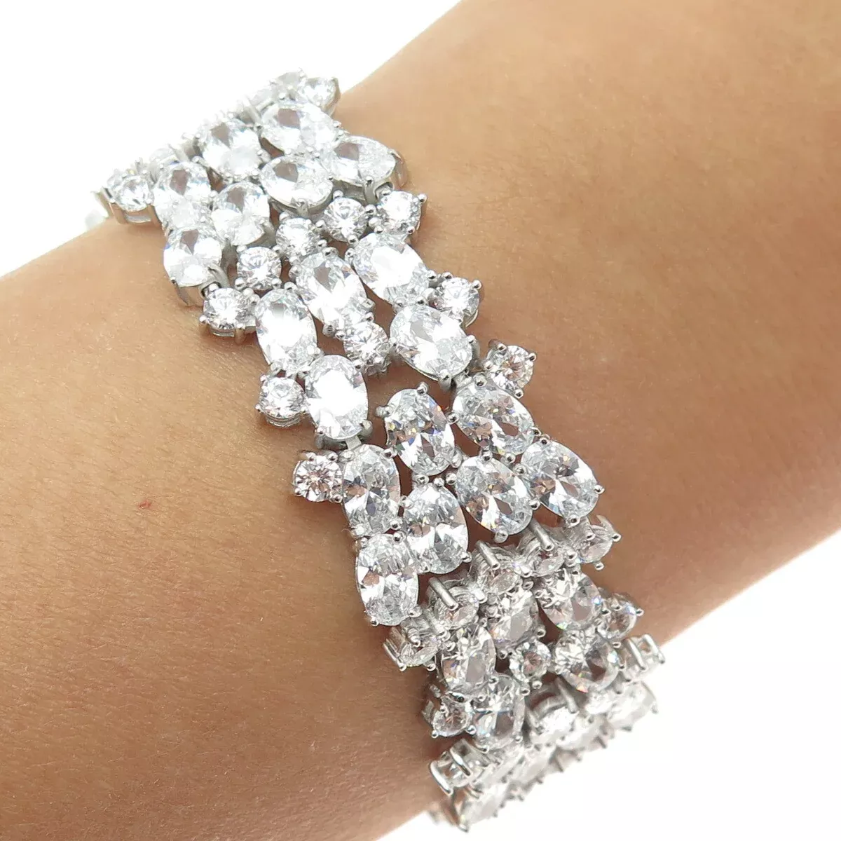 925 Sterling Silver Round & Oval-Cut C Z Cluster Link Bracelet 8
