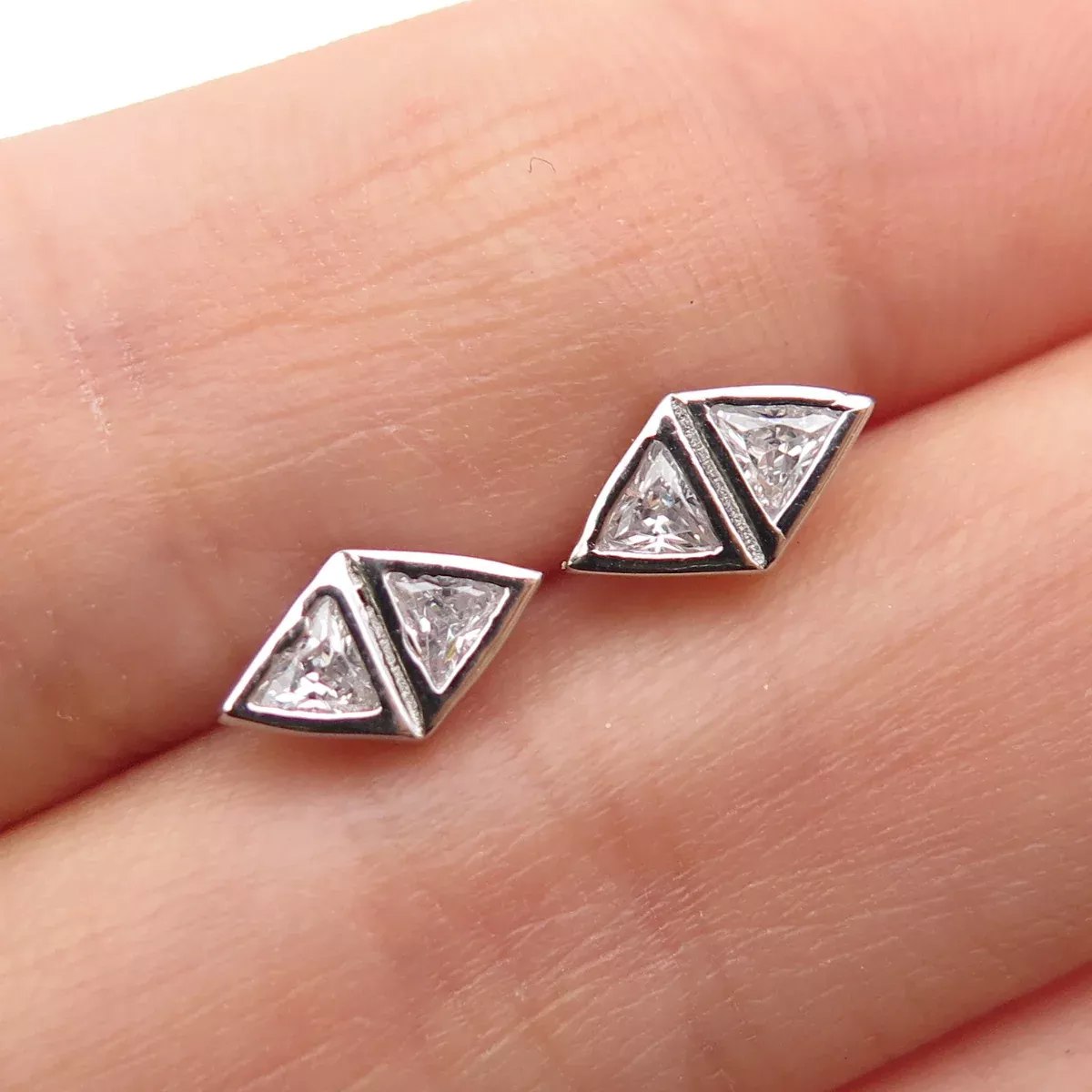925 Sterling Silver Triangle-Cut C Z Stud Earrings