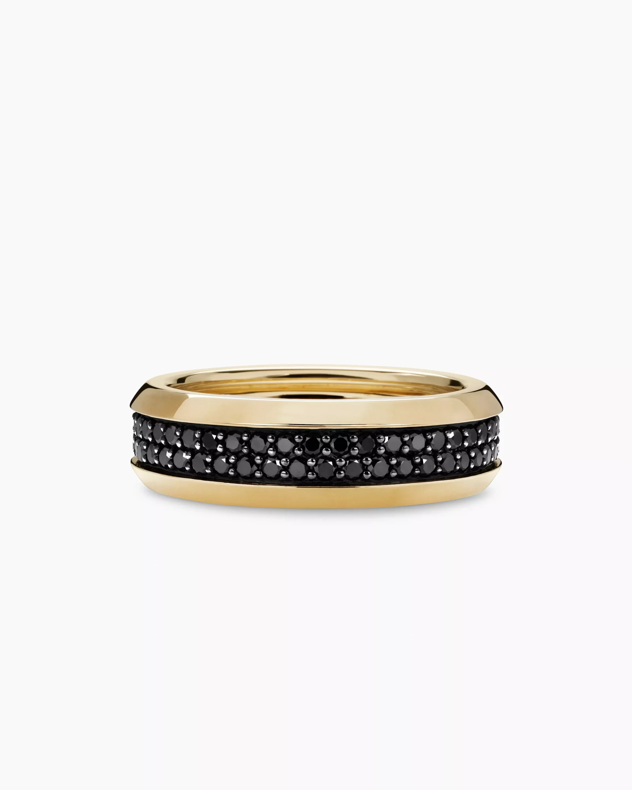 Beveled Two Row Band Ring 18K Yellow Gold with Black Diamonds, 8mm