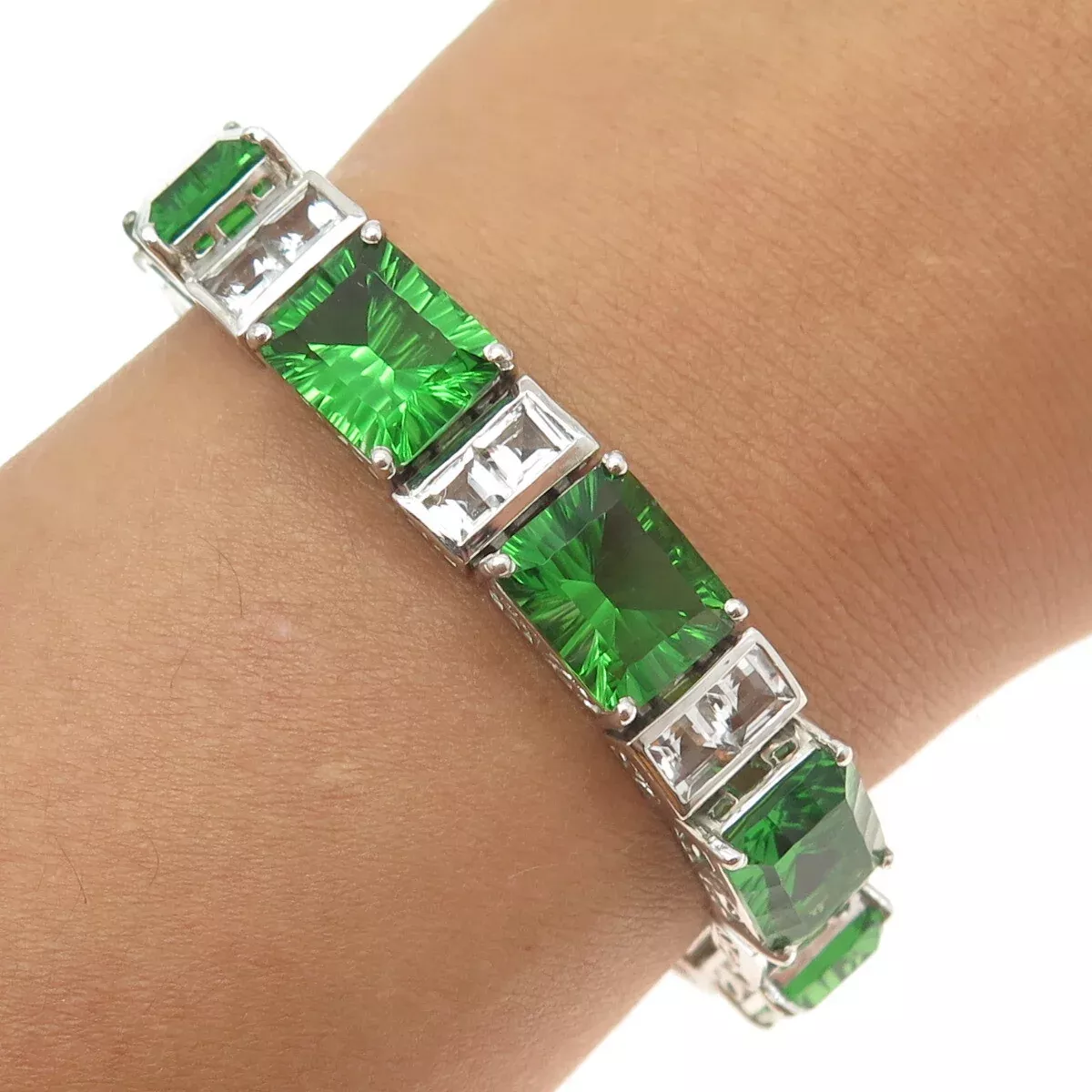 CHUCK CLEMENCY 925 Sterling Silver Green Glass & C Z Panel Link Bracelet 7.5