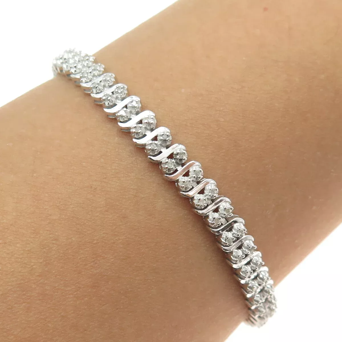 DBJ DEE BERKLE Sterling Silver Real Round-Cut Diamond Wavy Link Bracelet 7.25