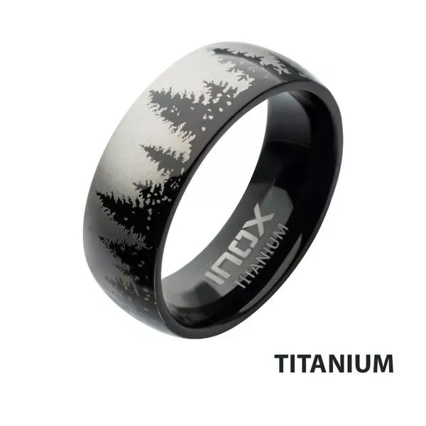 Evergreen Forest Treeline Design Black IP Titanium Comfort Fit Ring