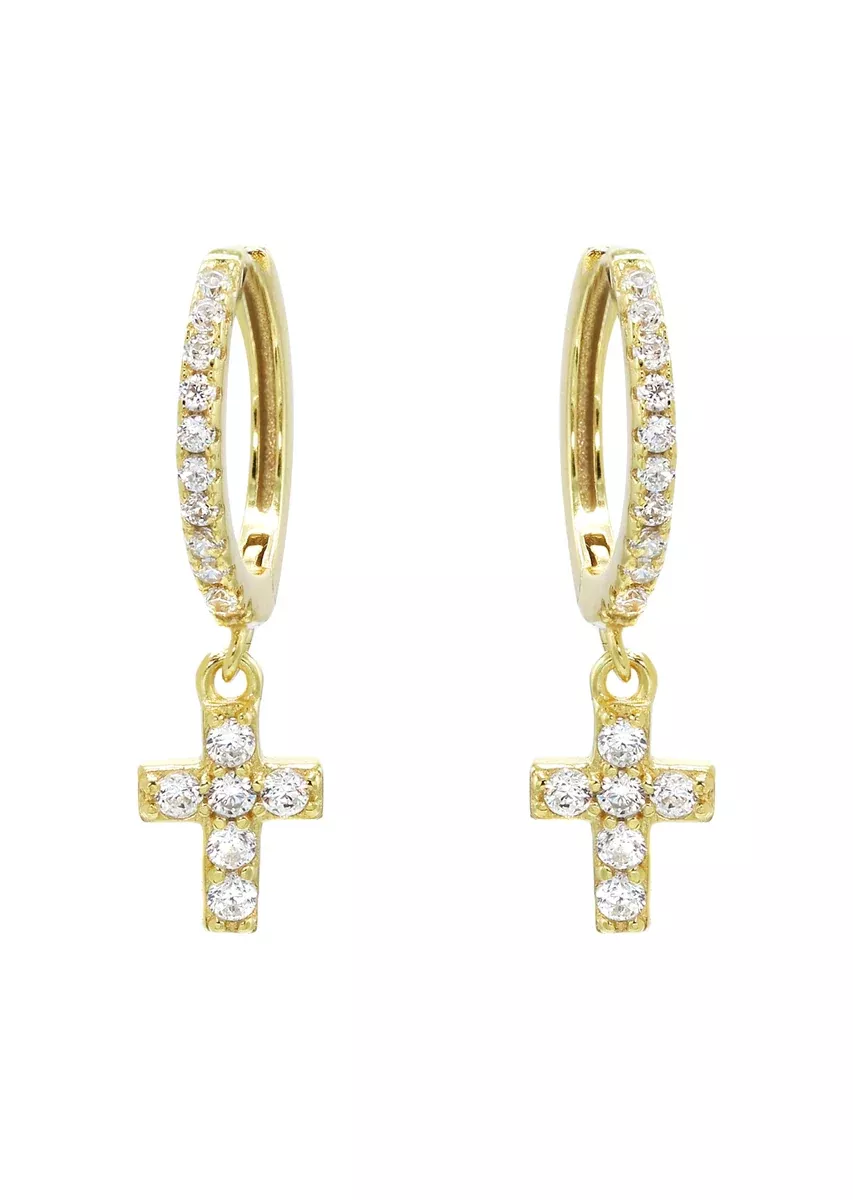Gold Cross CZ Hoop Earrings | Appx. 1.3 Grams