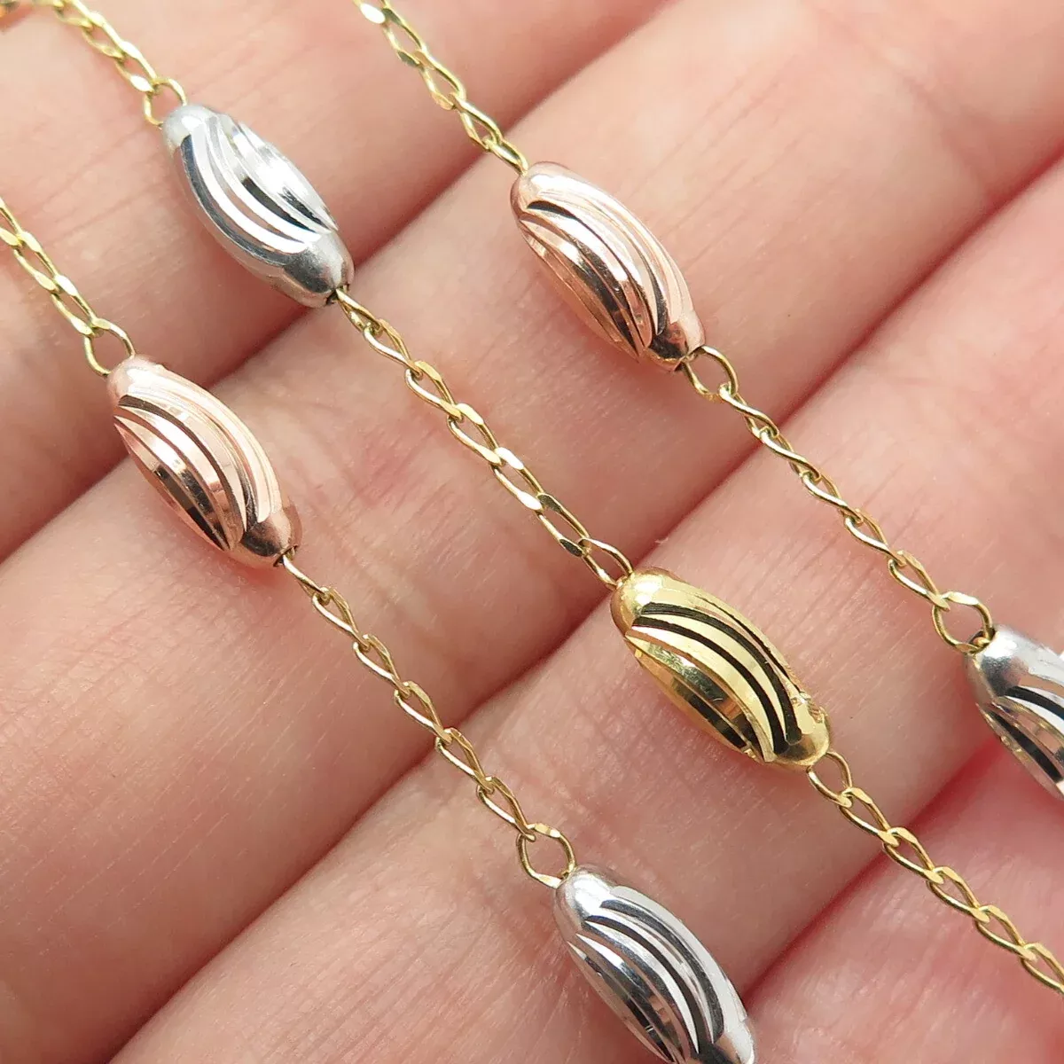 HAN 925 Sterling Silver 3-Tone Italy Diamond-Cut Station Chain Necklace 20