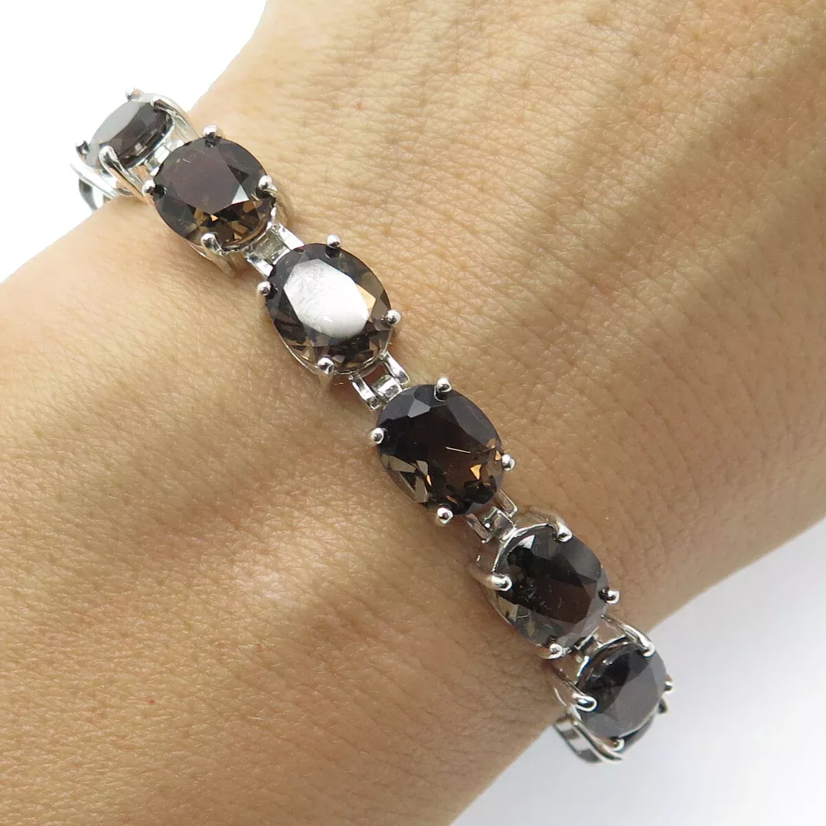 HAN 925 Sterling Silver Real Oval-Cut Smoky Quartz Tennis Link Bracelet 7