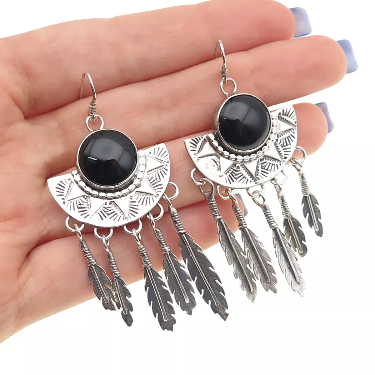 Jack Bly Kewa Old Pawn 925 Sterling Vintage Black Onyx Feather Dangle Earrings