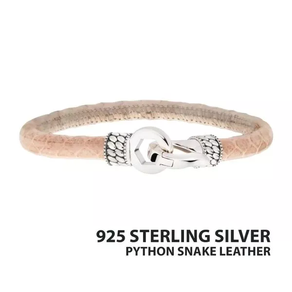Light Tan Soft Python Snake Leather Bracelet with Hinged Polished Finish 925 Sterling Silver Clasp