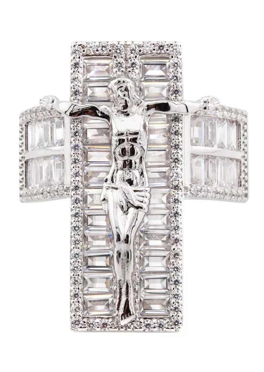 Mens Silver Baguette Cross Ring | Appx 10 Grams