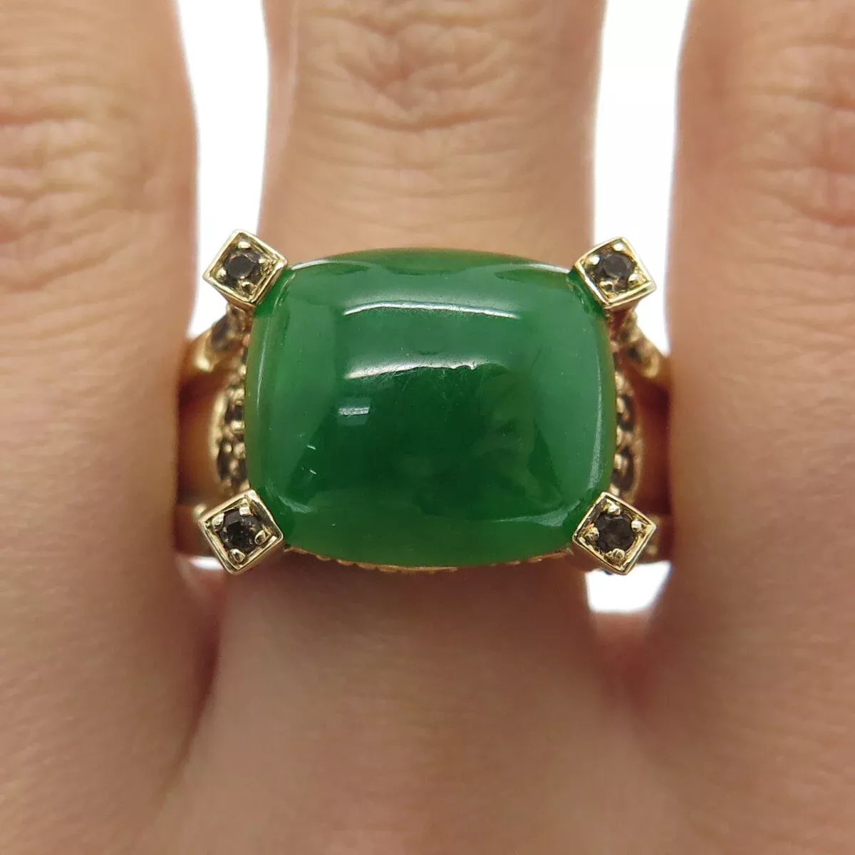 MICHELLE ALBALA Sterling Silver Gold Plated Jade & Smoky Quartz Ring Size 11.25