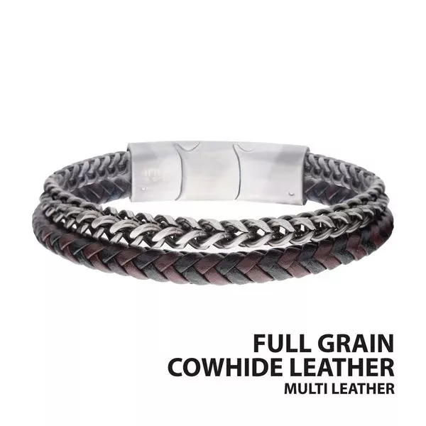 Multi Strand Leather and Stainless Steel Foxtail Chain Stacking Duo Bracelet